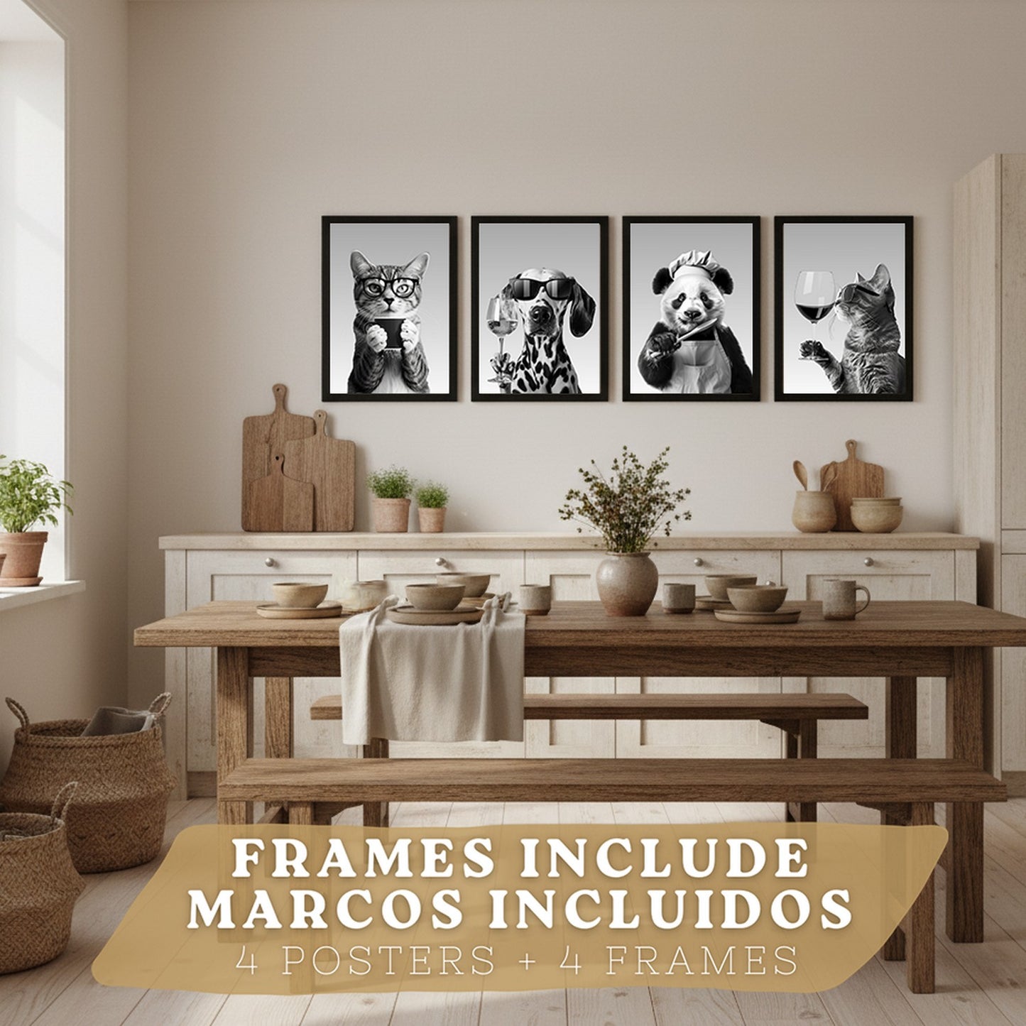 Set de 4 Láminas Animales con Gafas Blanco y Negro Cuadros Cocina Gato Dálmata y Panda Chef Póster Decoración Pared