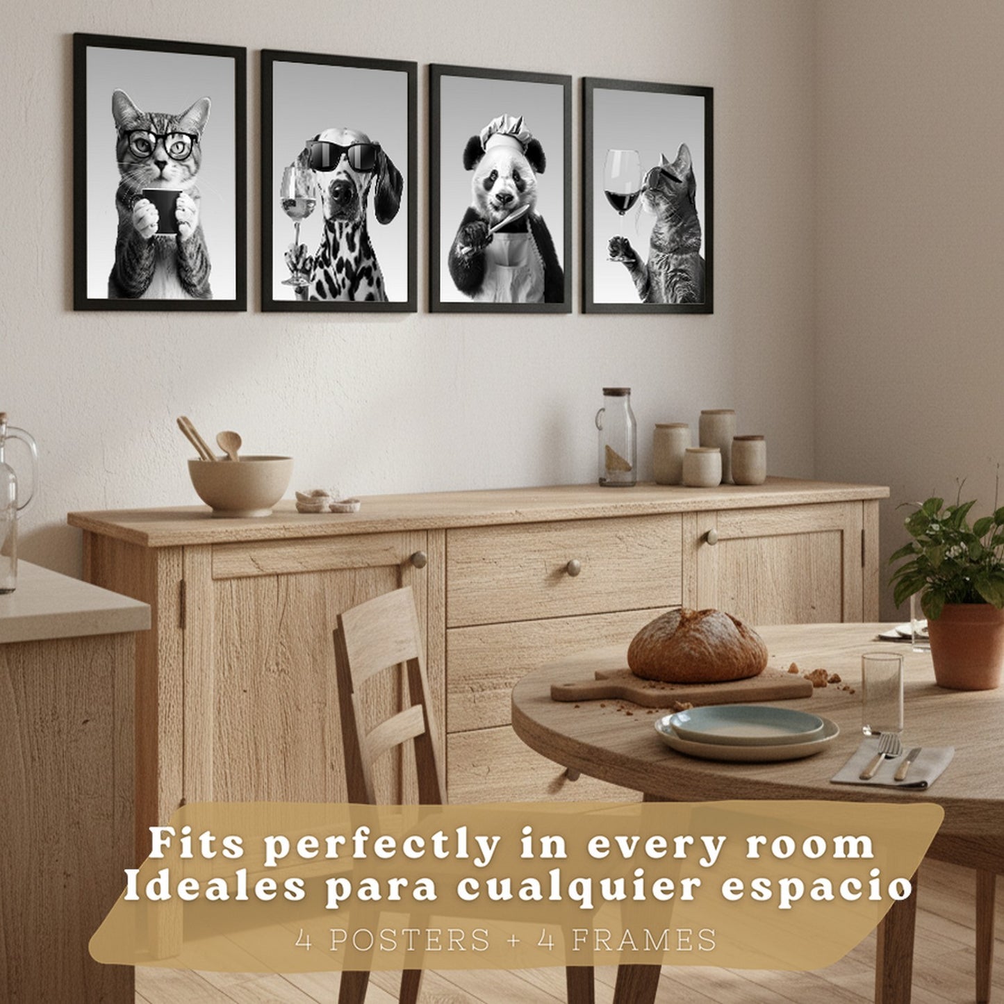 Set de 4 Láminas Animales con Gafas Blanco y Negro Cuadros Cocina Gato Dálmata y Panda Chef Póster Decoración Pared