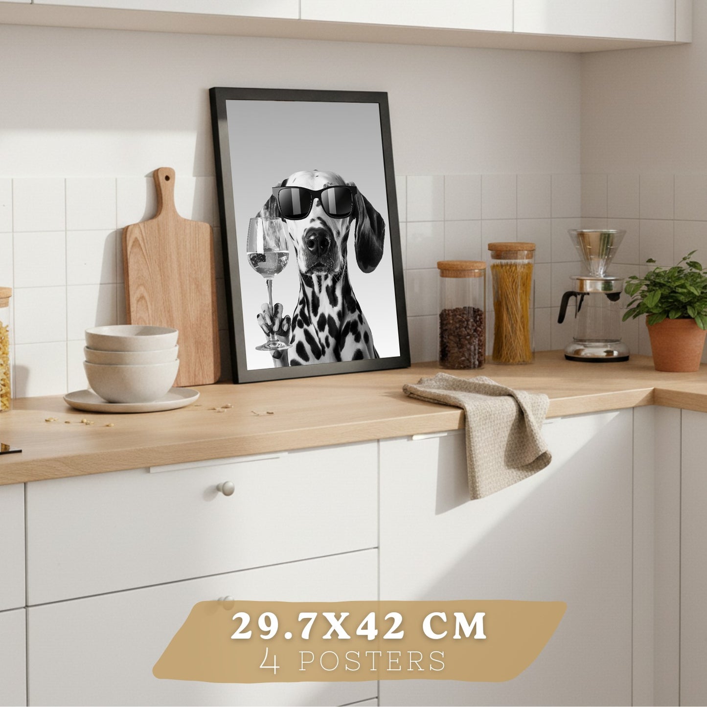 Set de 4 Láminas Animales con Gafas Blanco y Negro Cuadros Cocina Gato Dálmata y Panda Chef Póster Decoración Pared
