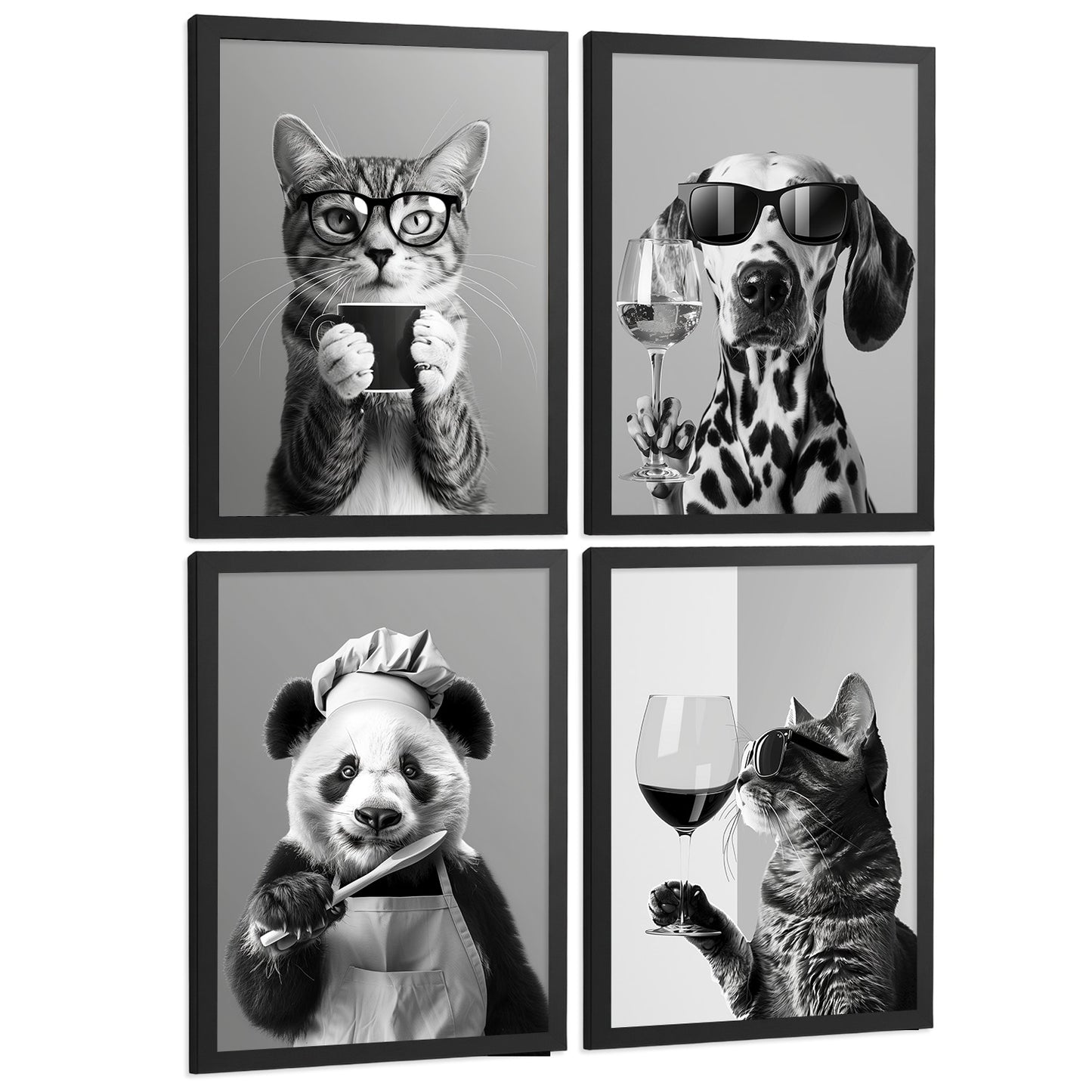 Set de 4 Láminas Animales con Gafas Blanco y Negro Cuadros Cocina Gato Dálmata y Panda Chef Póster Decoración Pared