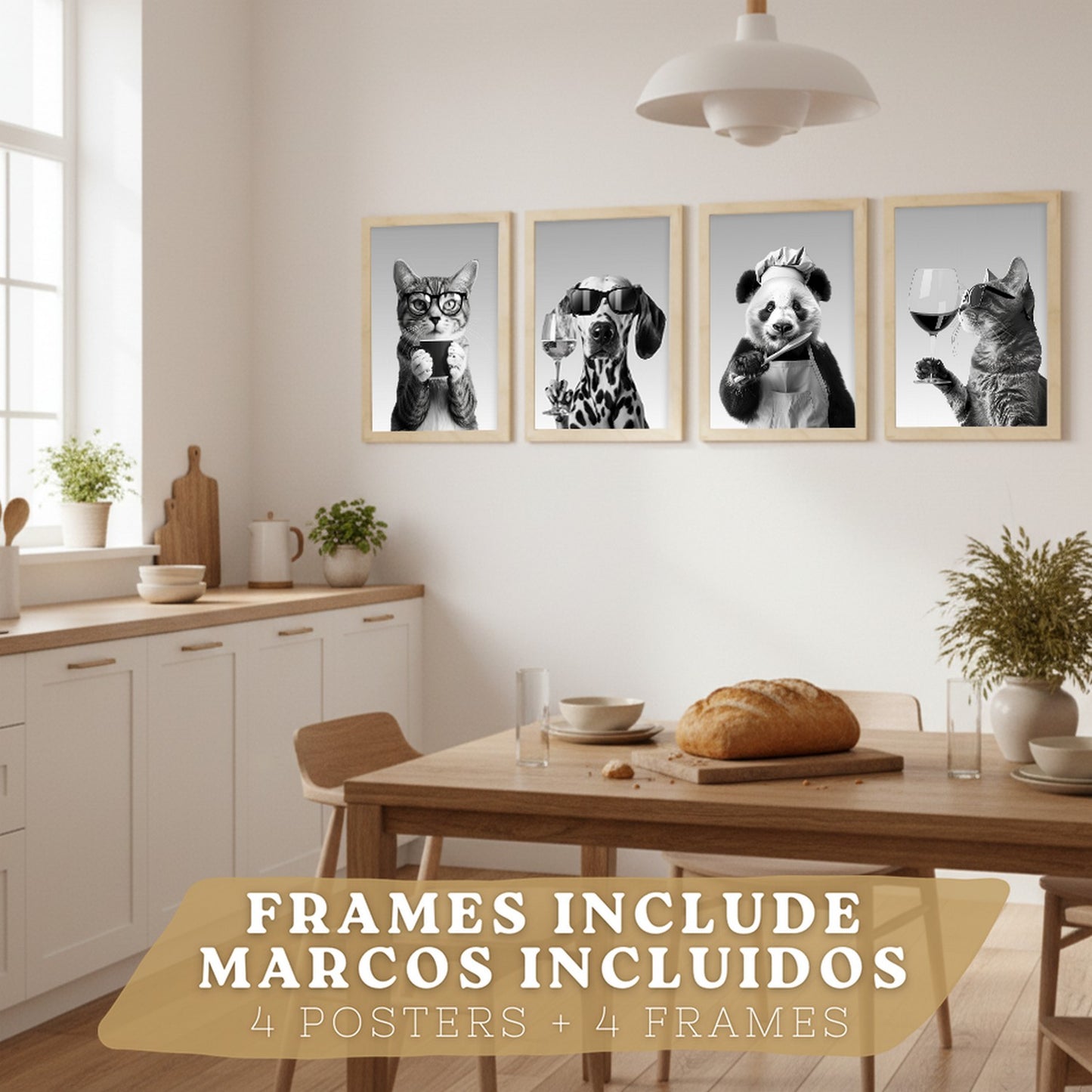 Set de 4 Láminas Animales con Gafas Blanco y Negro Cuadros Cocina Gato Dálmata y Panda Chef Póster Decoración Pared