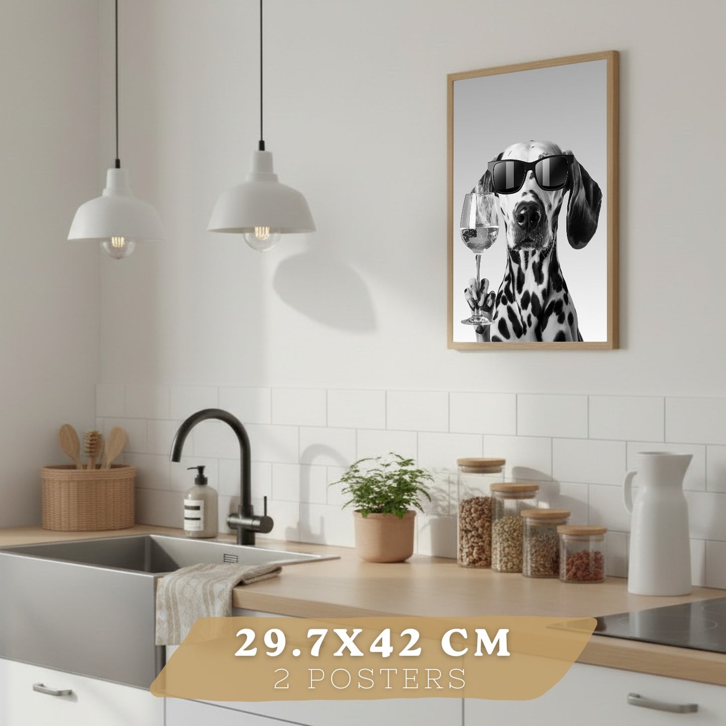Set de 4 Láminas Animales con Gafas Blanco y Negro Cuadros Cocina Gato Dálmata y Panda Chef Póster Decoración Pared