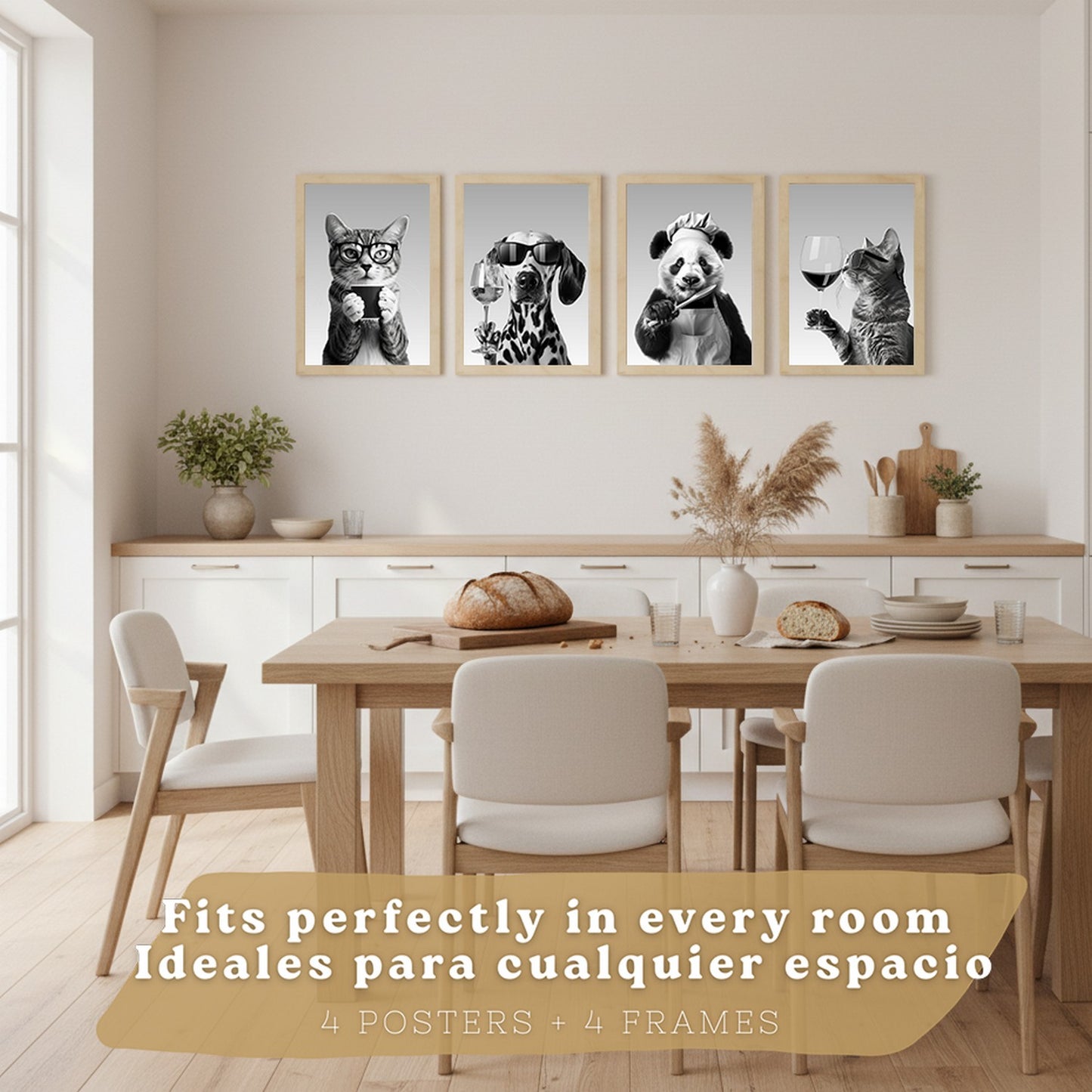 Set de 4 Láminas Animales con Gafas Blanco y Negro Cuadros Cocina Gato Dálmata y Panda Chef Póster Decoración Pared