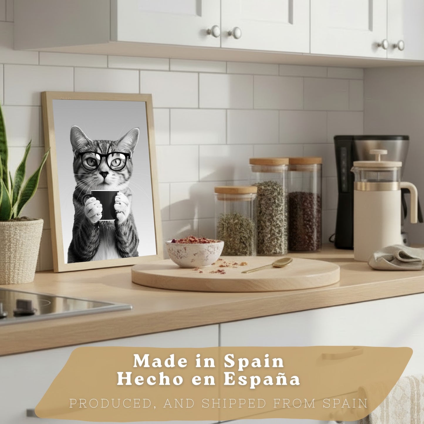 Set de 4 Láminas Animales con Gafas Blanco y Negro Cuadros Cocina Gato Dálmata y Panda Chef Póster Decoración Pared