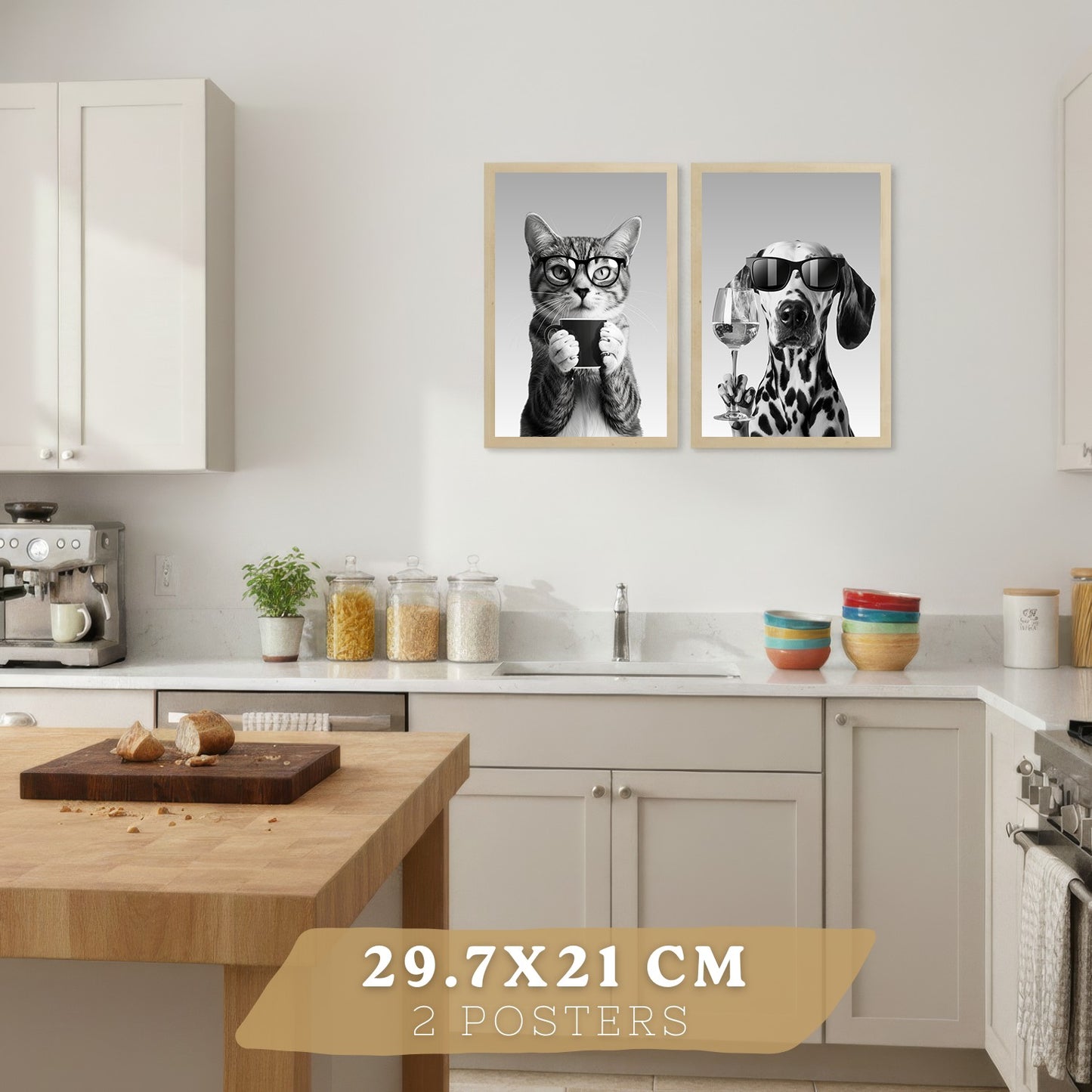 Set de 4 Láminas Animales con Gafas Blanco y Negro Cuadros Cocina Gato Dálmata y Panda Chef Póster Decoración Pared