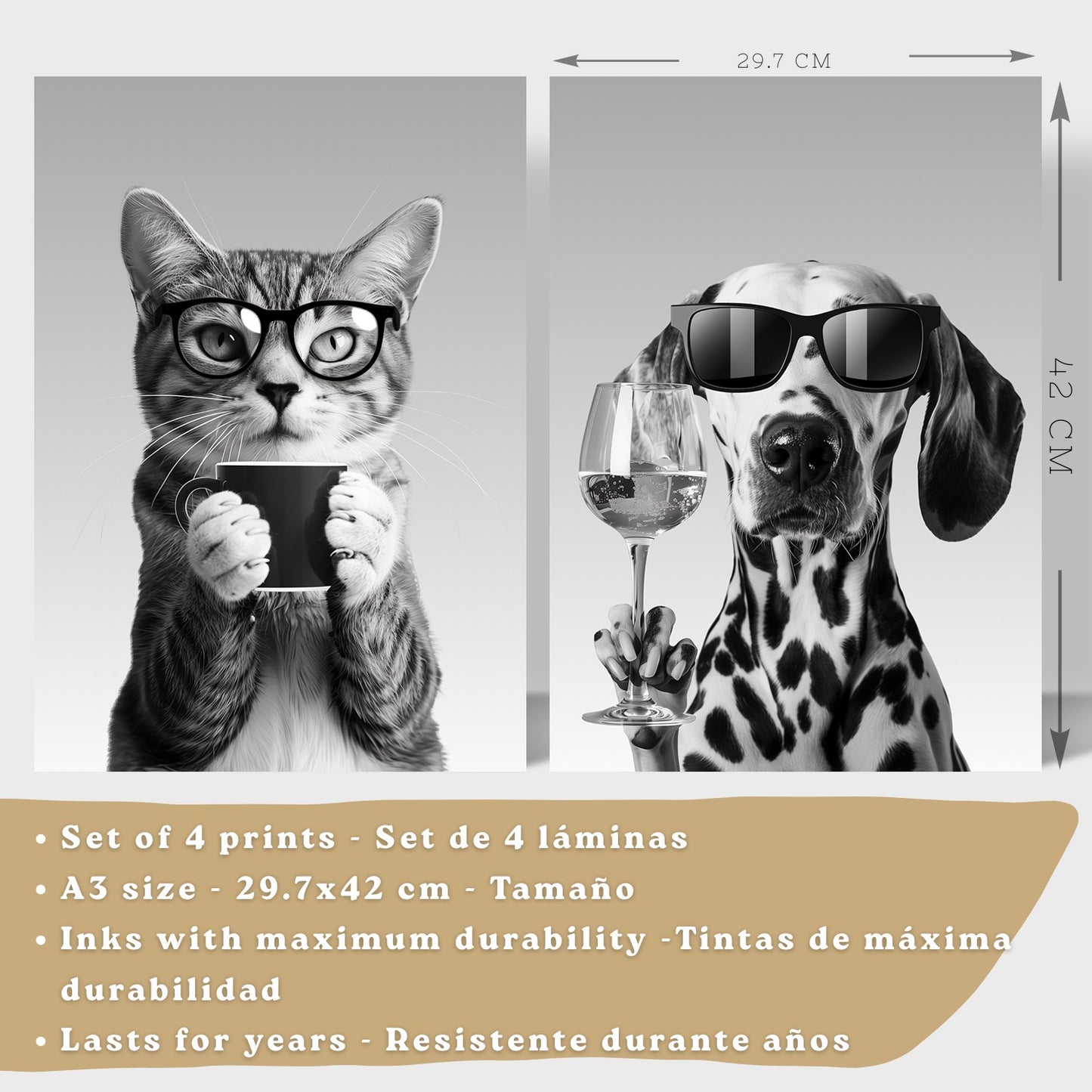 Set de 4 Láminas Animales con Gafas Blanco y Negro Cuadros Cocina Gato Dálmata y Panda Chef Póster Decoración Pared