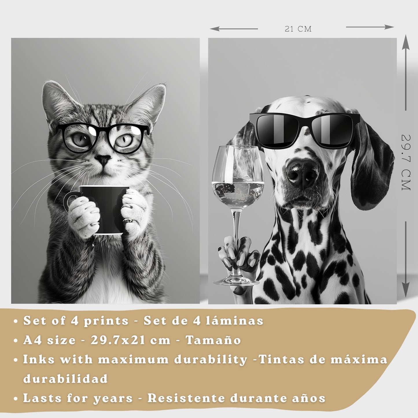 Set de 4 Láminas Animales con Gafas Blanco y Negro Cuadros Cocina Gato Dálmata y Panda Chef Póster Decoración Pared