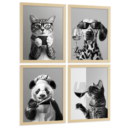 Set de 4 Láminas Animales con Gafas Blanco y Negro Cuadros Cocina Gato Dálmata y Panda Chef Póster Decoración Pared