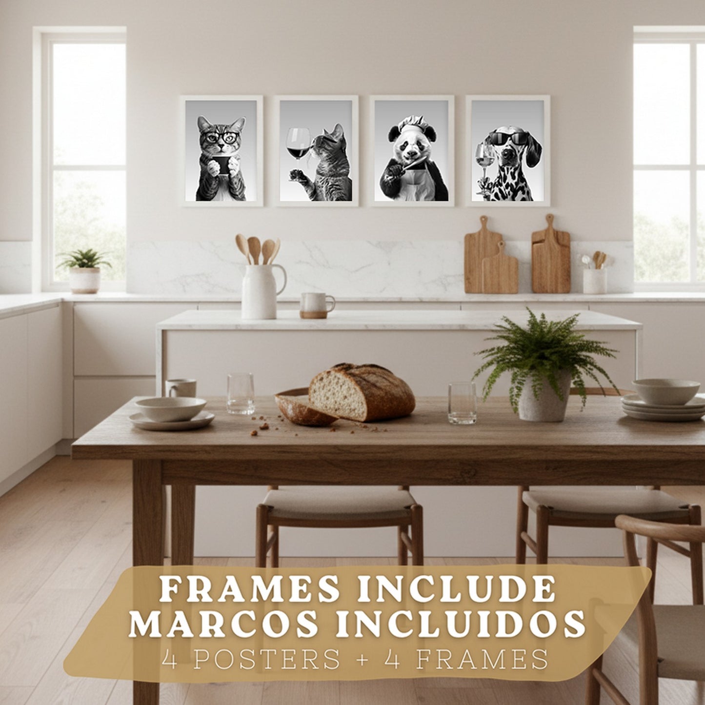 Set de 4 Láminas Animales con Gafas Blanco y Negro Cuadros Cocina Gato Dálmata y Panda Chef Póster Decoración Pared