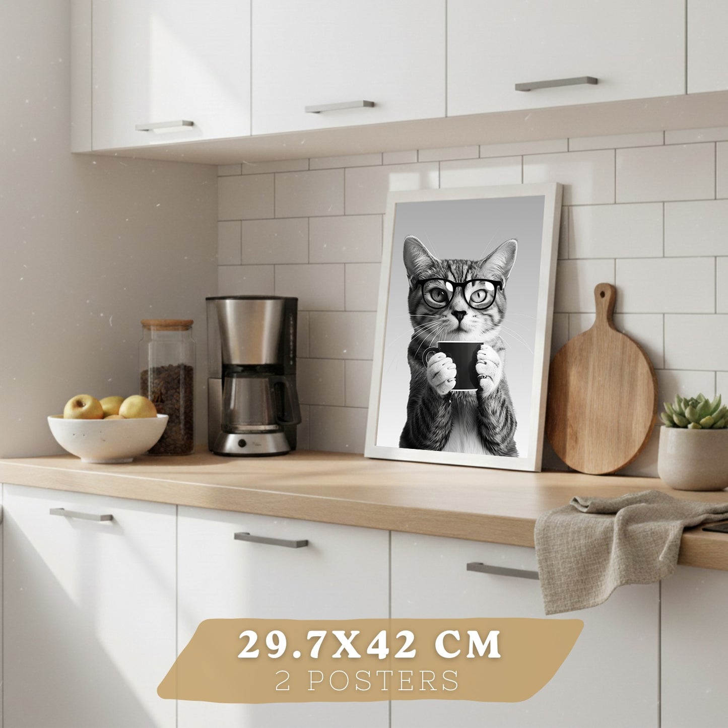Set de 4 Láminas Animales con Gafas Blanco y Negro Cuadros Cocina Gato Dálmata y Panda Chef Póster Decoración Pared