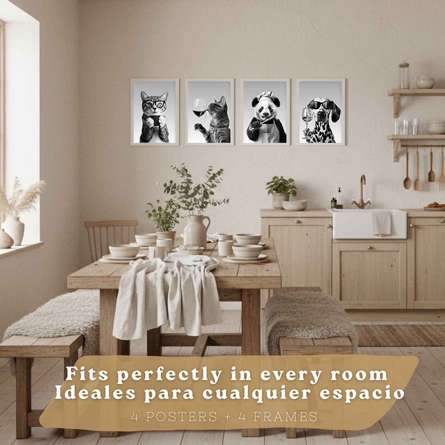 Set de 4 Láminas Animales con Gafas Blanco y Negro Cuadros Cocina Gato Dálmata y Panda Chef Póster Decoración Pared