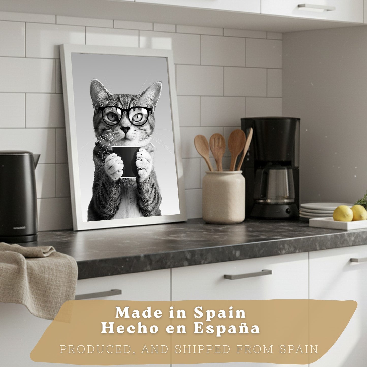 Set de 4 Láminas Animales con Gafas Blanco y Negro Cuadros Cocina Gato Dálmata y Panda Chef Póster Decoración Pared