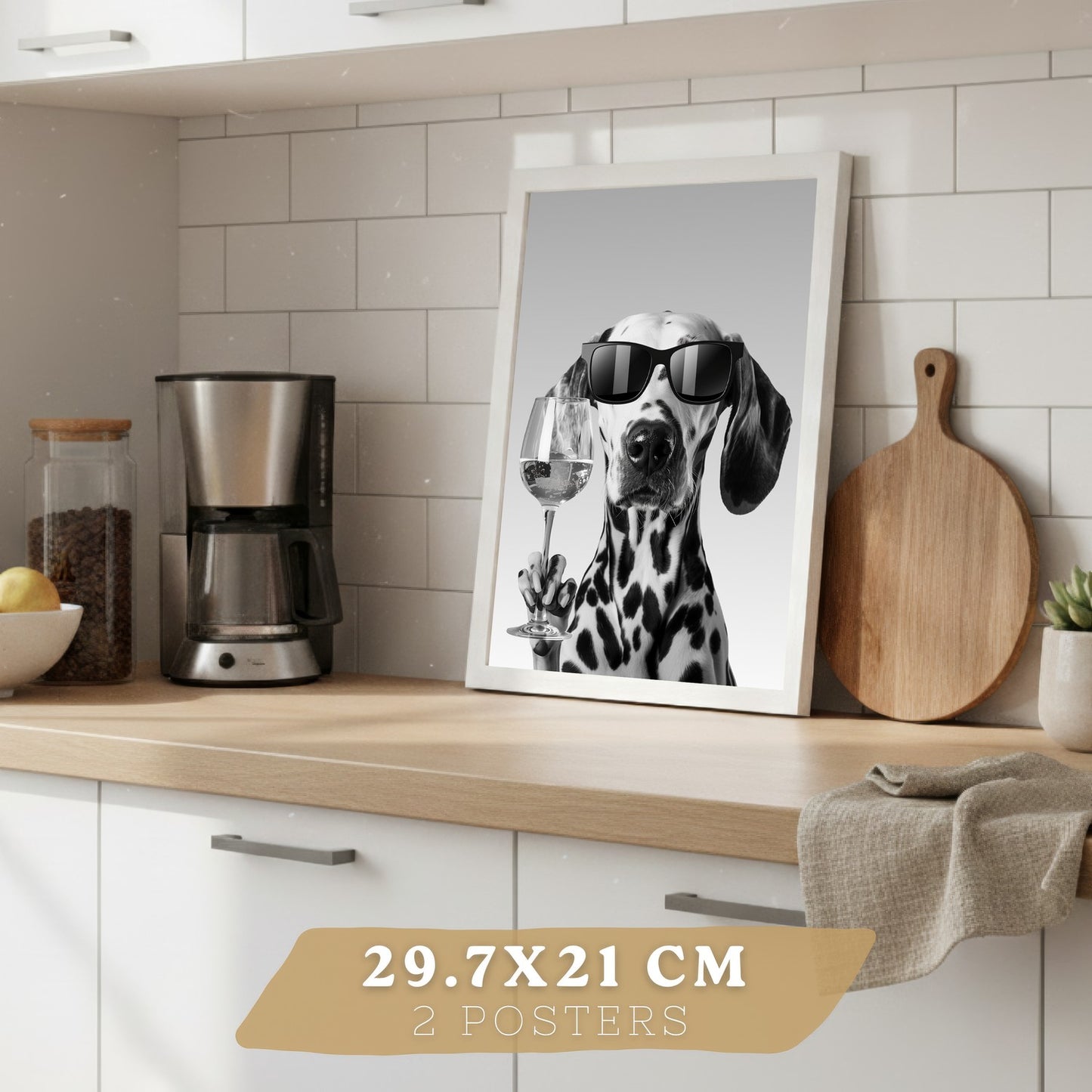 Set de 4 Láminas Animales con Gafas Blanco y Negro Cuadros Cocina Gato Dálmata y Panda Chef Póster Decoración Pared