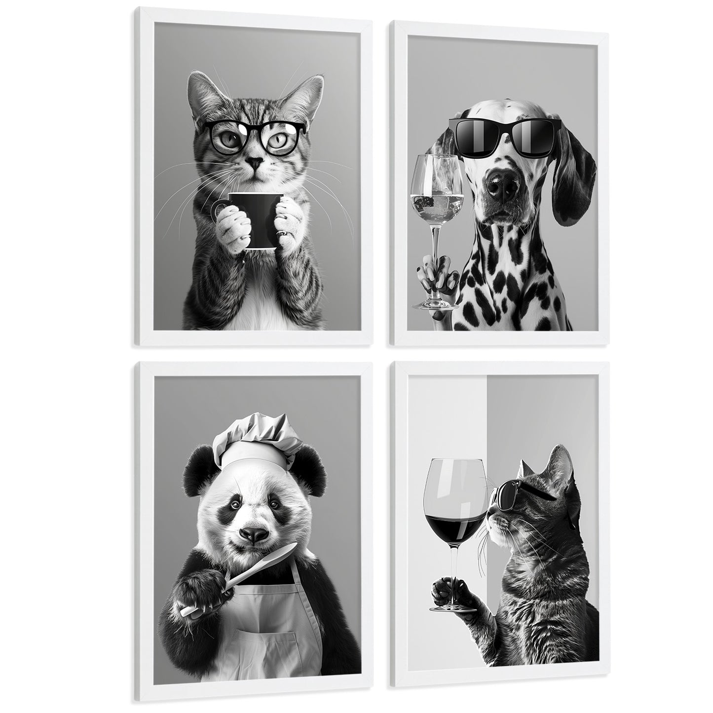 Set de 4 Láminas Animales con Gafas Blanco y Negro Cuadros Cocina Gato Dálmata y Panda Chef Póster Decoración Pared