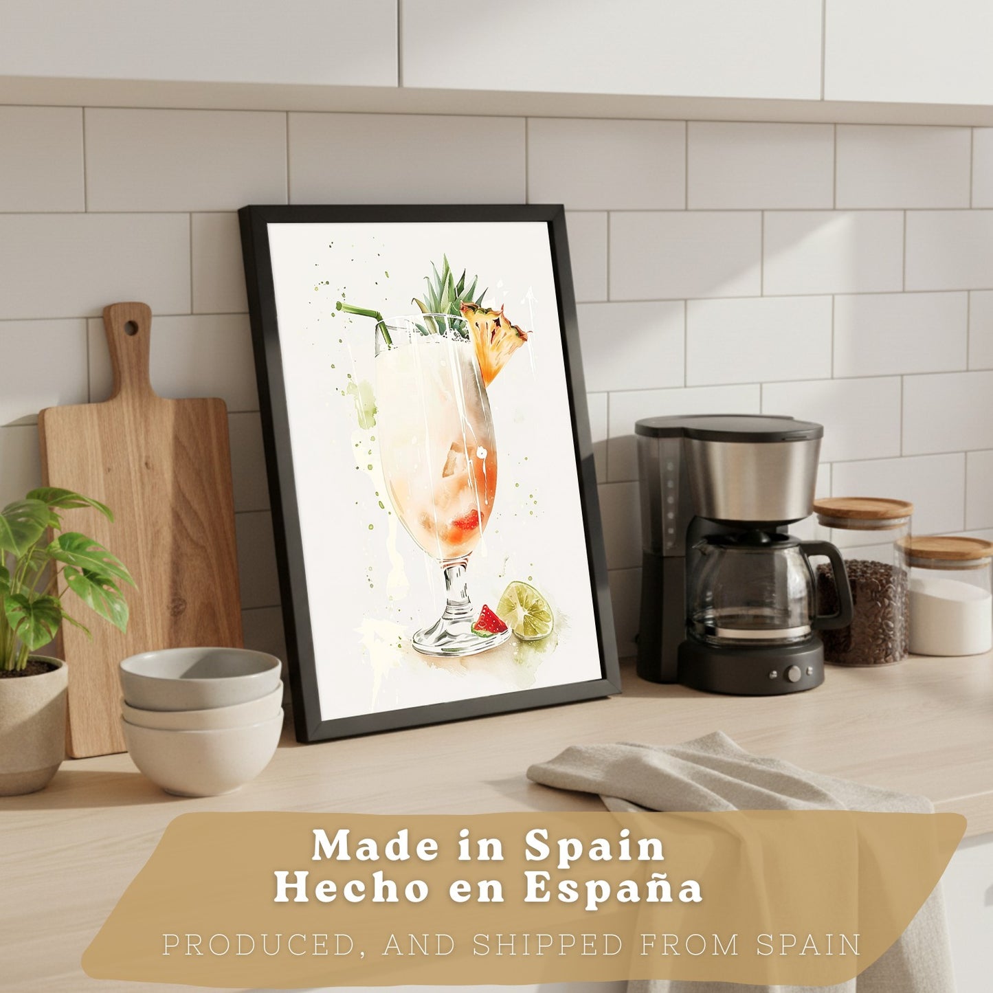 Set de 4 Láminas Cócteles y Vino Acuarela Cuadros Cocina Copas Coloridas Negroni y Tropical Póster Decoración Pared Bar