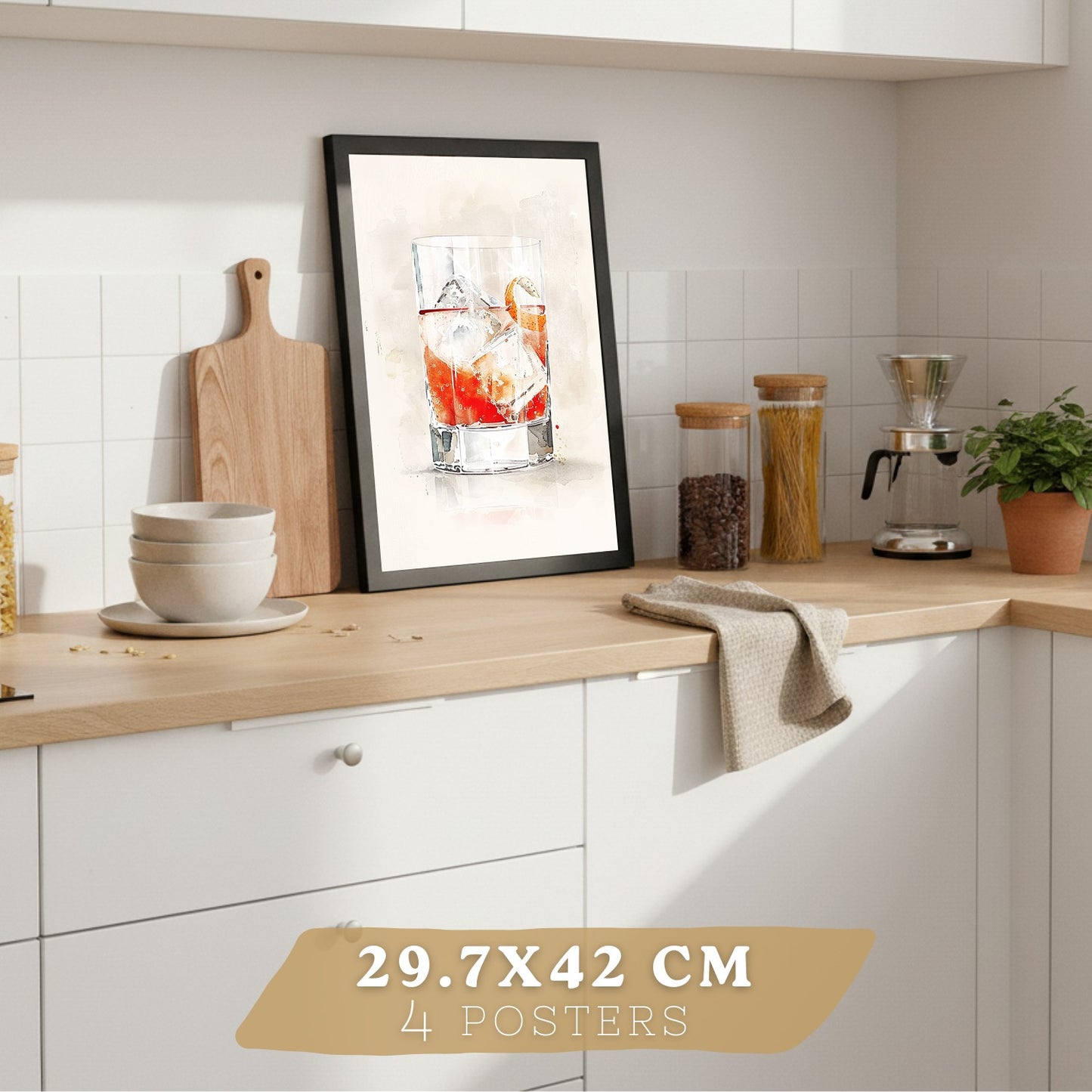 Set de 4 Láminas Cócteles y Vino Acuarela Cuadros Cocina Copas Coloridas Negroni y Tropical Póster Decoración Pared Bar