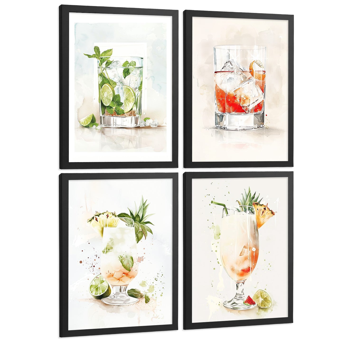 Set de 4 Láminas Cócteles y Vino Acuarela Cuadros Cocina Copas Coloridas Negroni y Tropical Póster Decoración Pared Bar