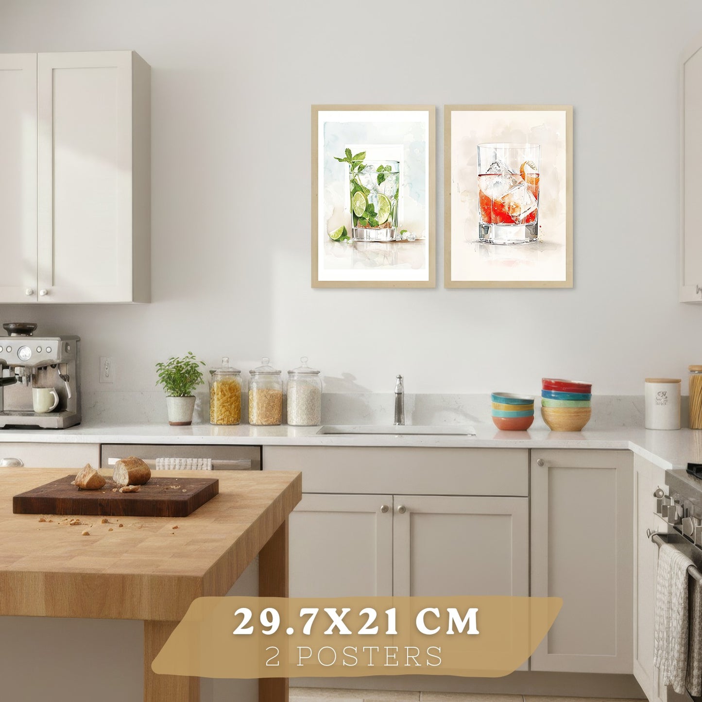 Set de 4 Láminas Cócteles y Vino Acuarela Cuadros Cocina Copas Coloridas Negroni y Tropical Póster Decoración Pared Bar