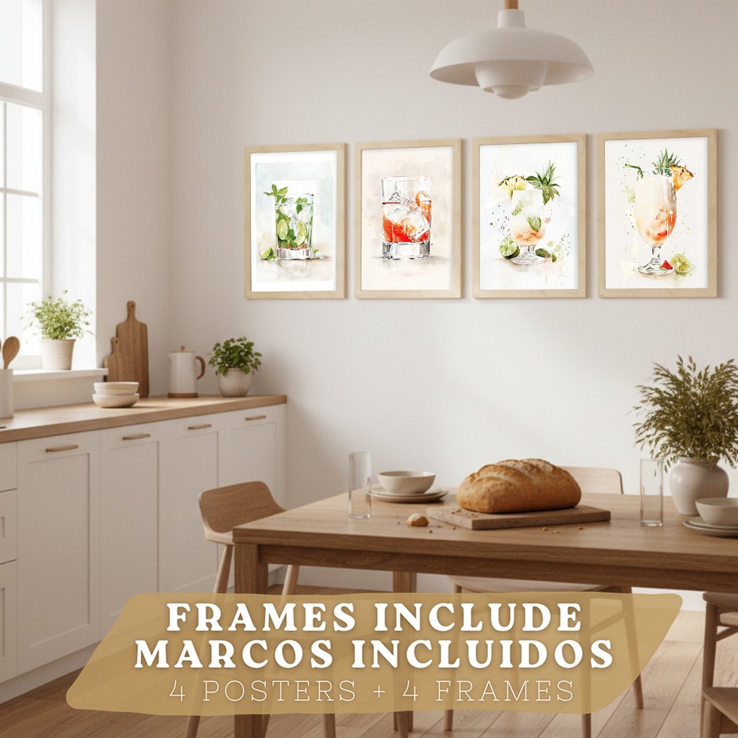 Set de 4 Láminas Cócteles y Vino Acuarela Cuadros Cocina Copas Coloridas Negroni y Tropical Póster Decoración Pared Bar