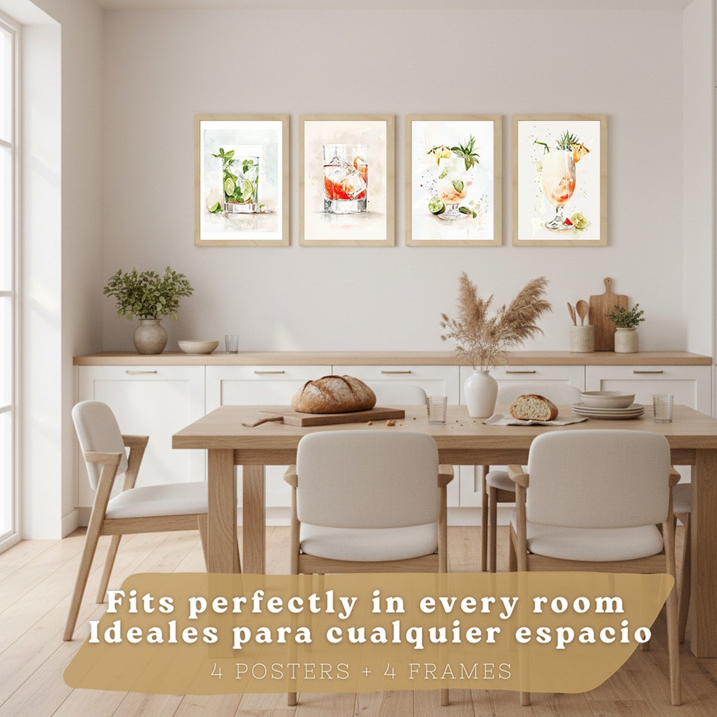 Set de 4 Láminas Cócteles y Vino Acuarela Cuadros Cocina Copas Coloridas Negroni y Tropical Póster Decoración Pared Bar