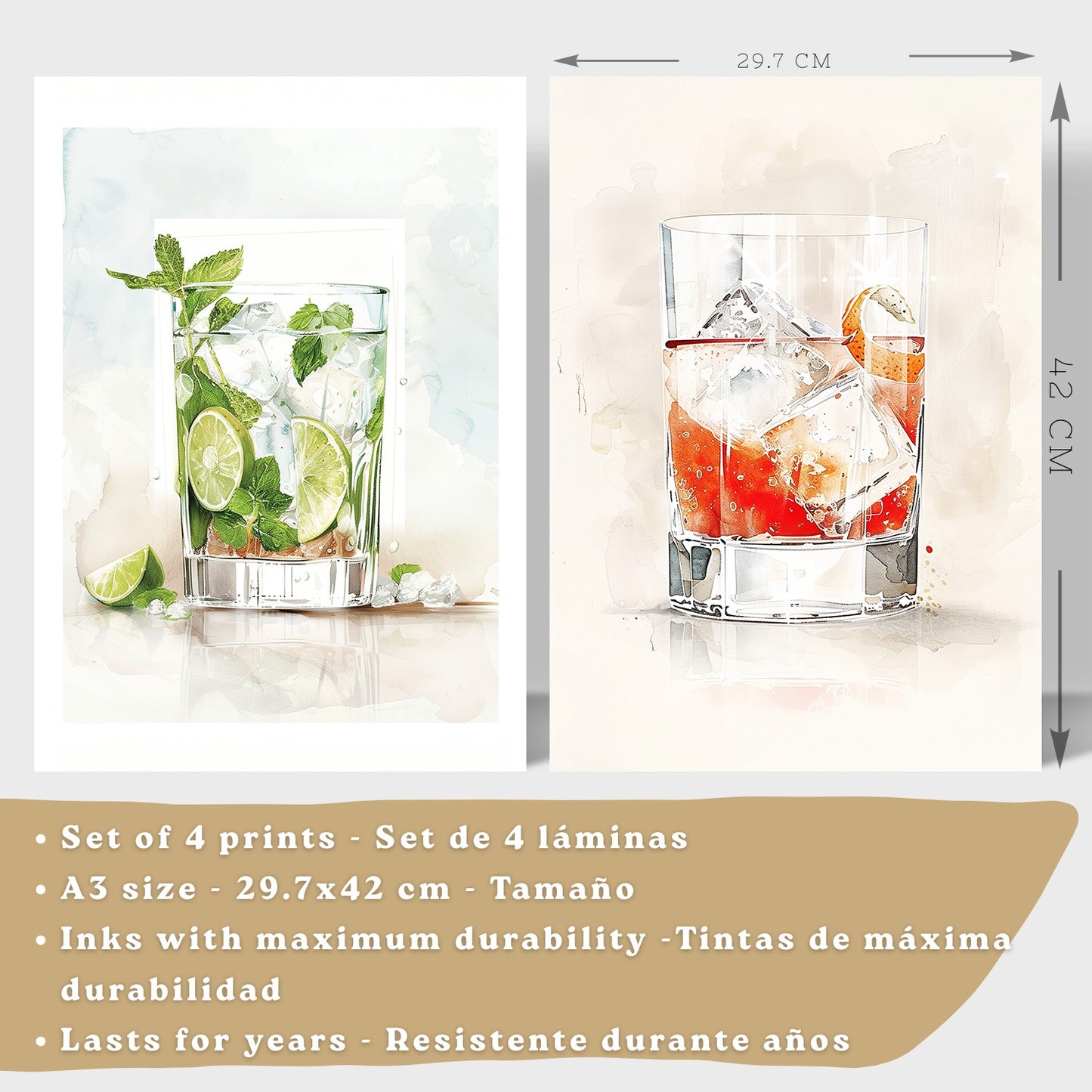 Set de 4 Láminas Cócteles y Vino Acuarela Cuadros Cocina Copas Coloridas Negroni y Tropical Póster Decoración Pared Bar