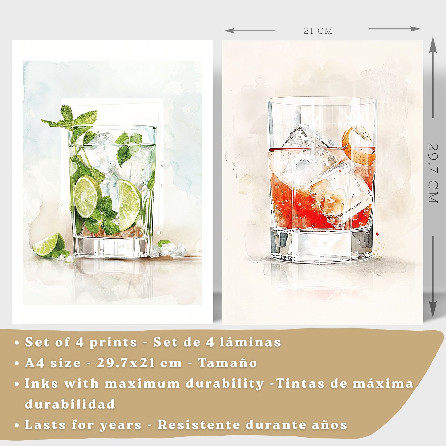 Set de 4 Láminas Cócteles y Vino Acuarela Cuadros Cocina Copas Coloridas Negroni y Tropical Póster Decoración Pared Bar