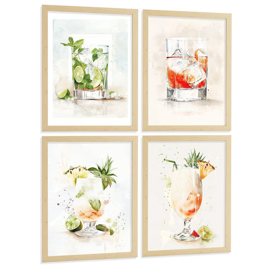 Set de 4 Láminas Cócteles y Vino Acuarela Cuadros Cocina Copas Coloridas Negroni y Tropical Póster Decoración Pared Bar