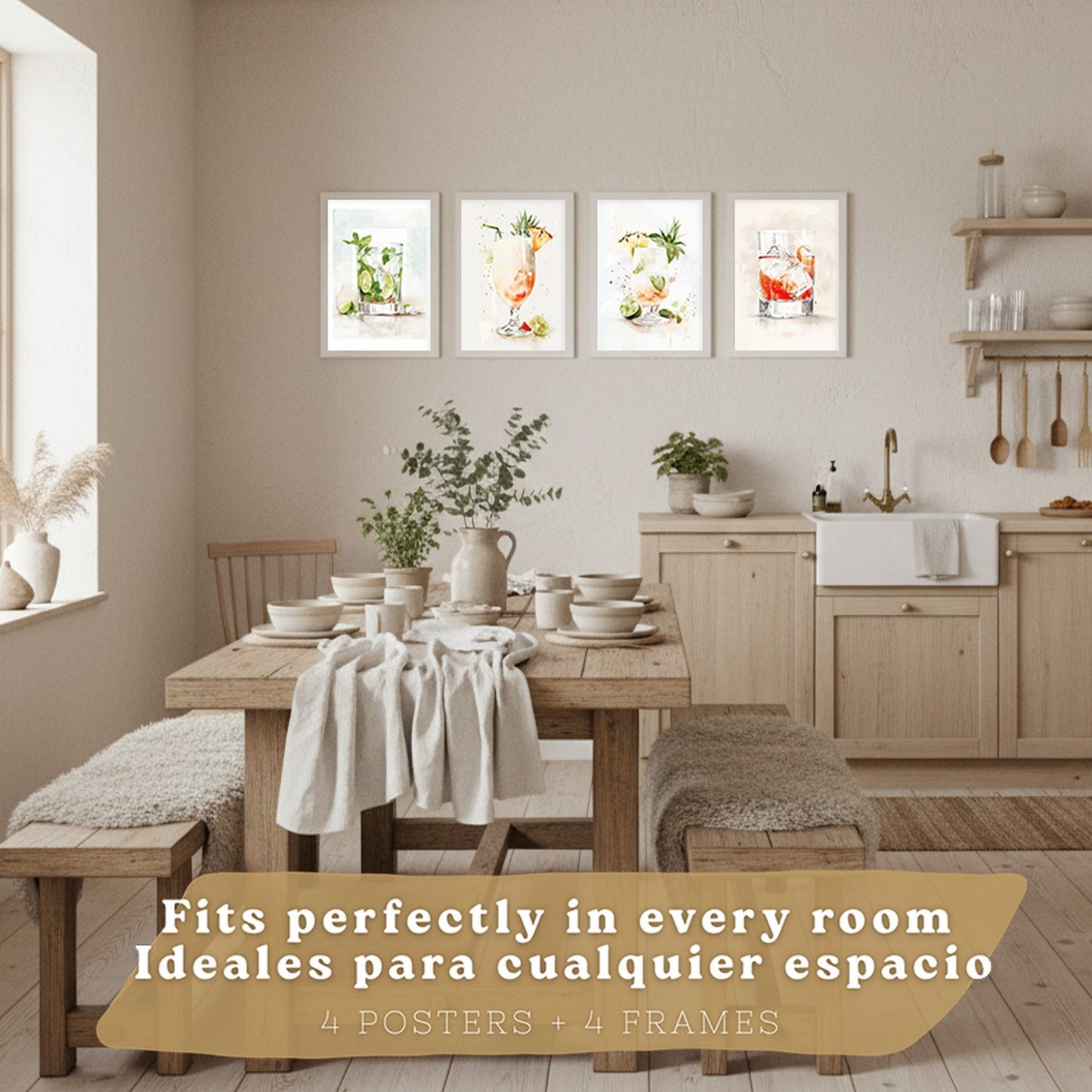 Set de 4 Láminas Cócteles y Vino Acuarela Cuadros Cocina Copas Coloridas Negroni y Tropical Póster Decoración Pared Bar