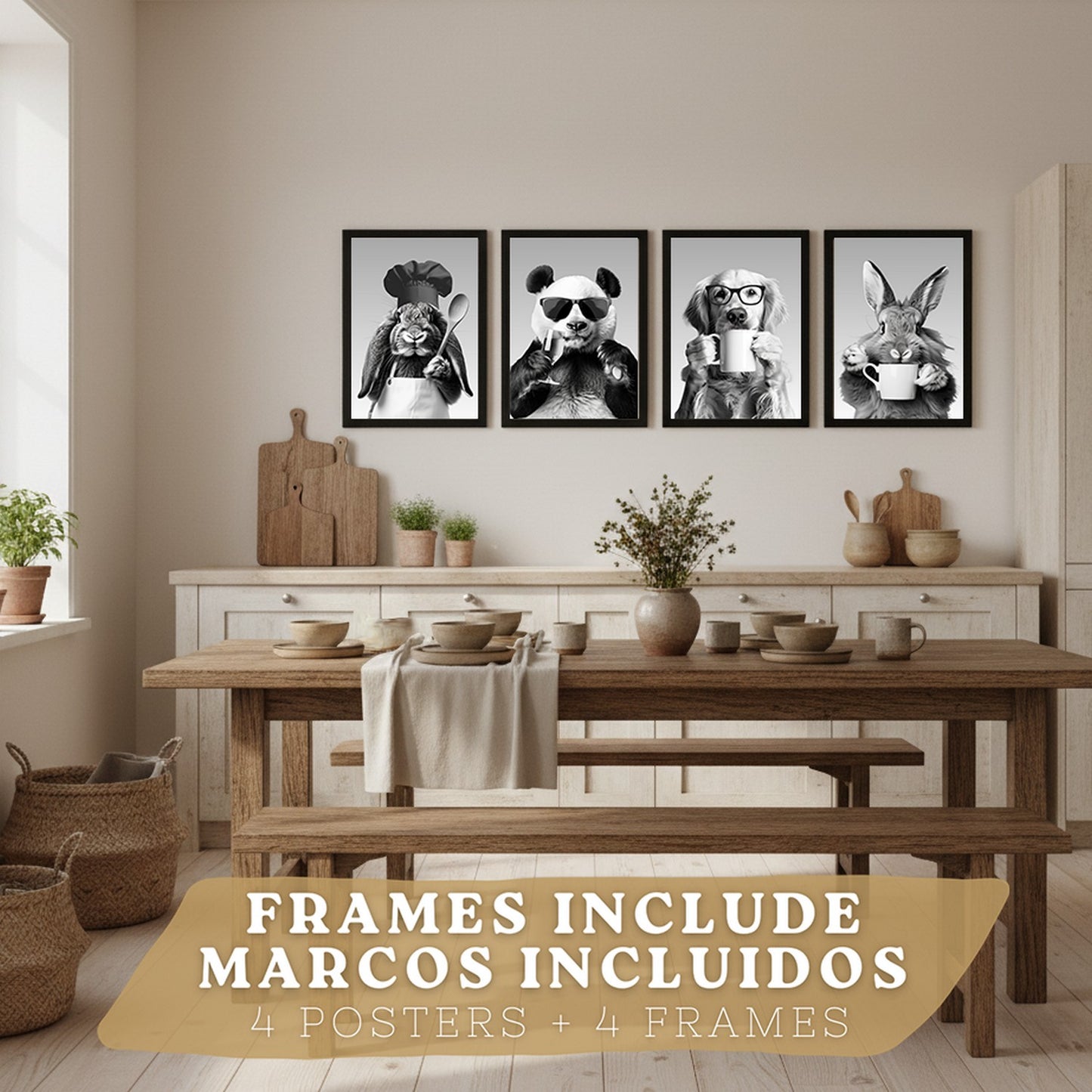 Set de 4 Láminas Animales Graciosos Blanco y Negro Cuadros Cocina Conejo Panda y Perro Golden Póster Decoración Pared
