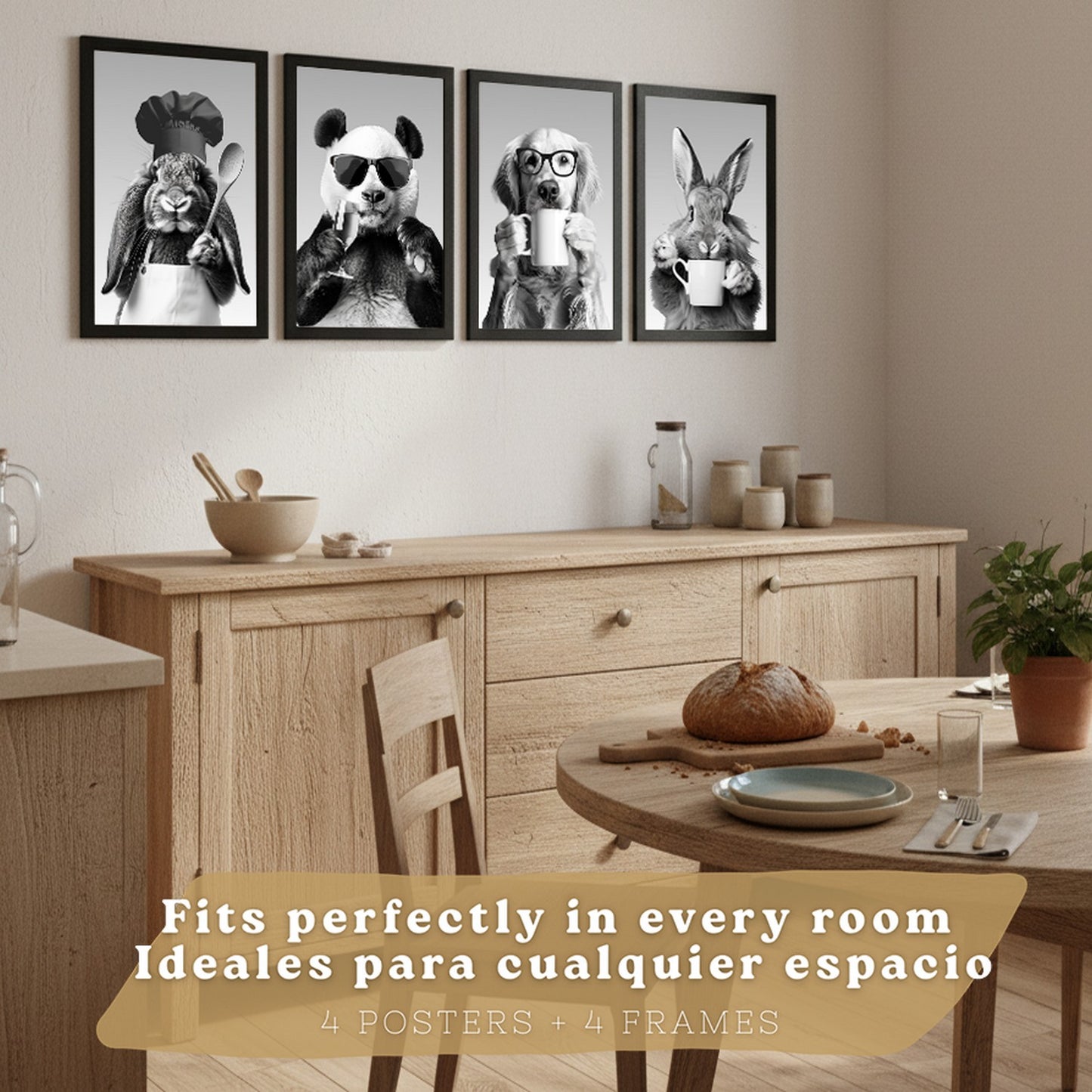 Set de 4 Láminas Animales Graciosos Blanco y Negro Cuadros Cocina Conejo Panda y Perro Golden Póster Decoración Pared