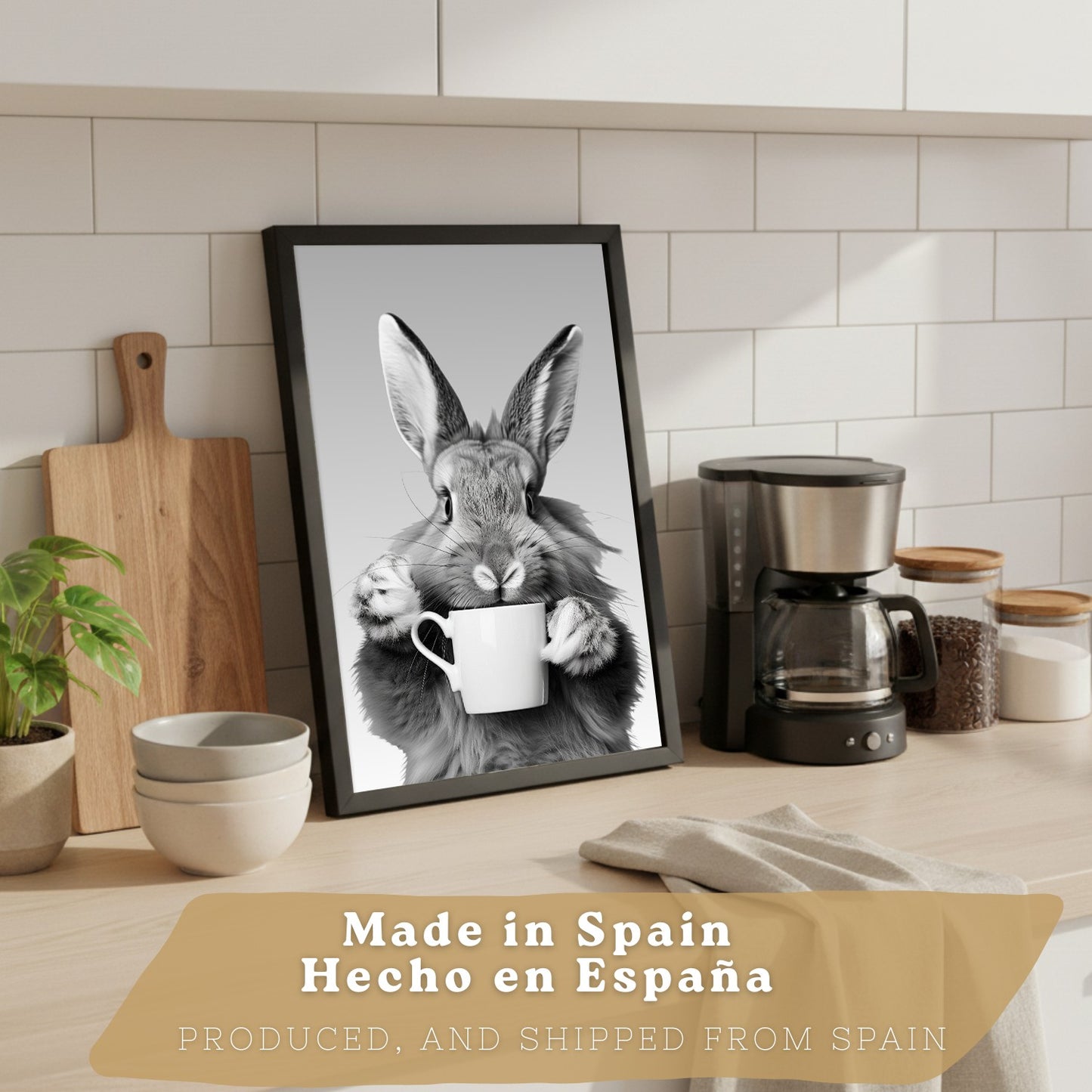Set de 4 Láminas Animales Graciosos Blanco y Negro Cuadros Cocina Conejo Panda y Perro Golden Póster Decoración Pared