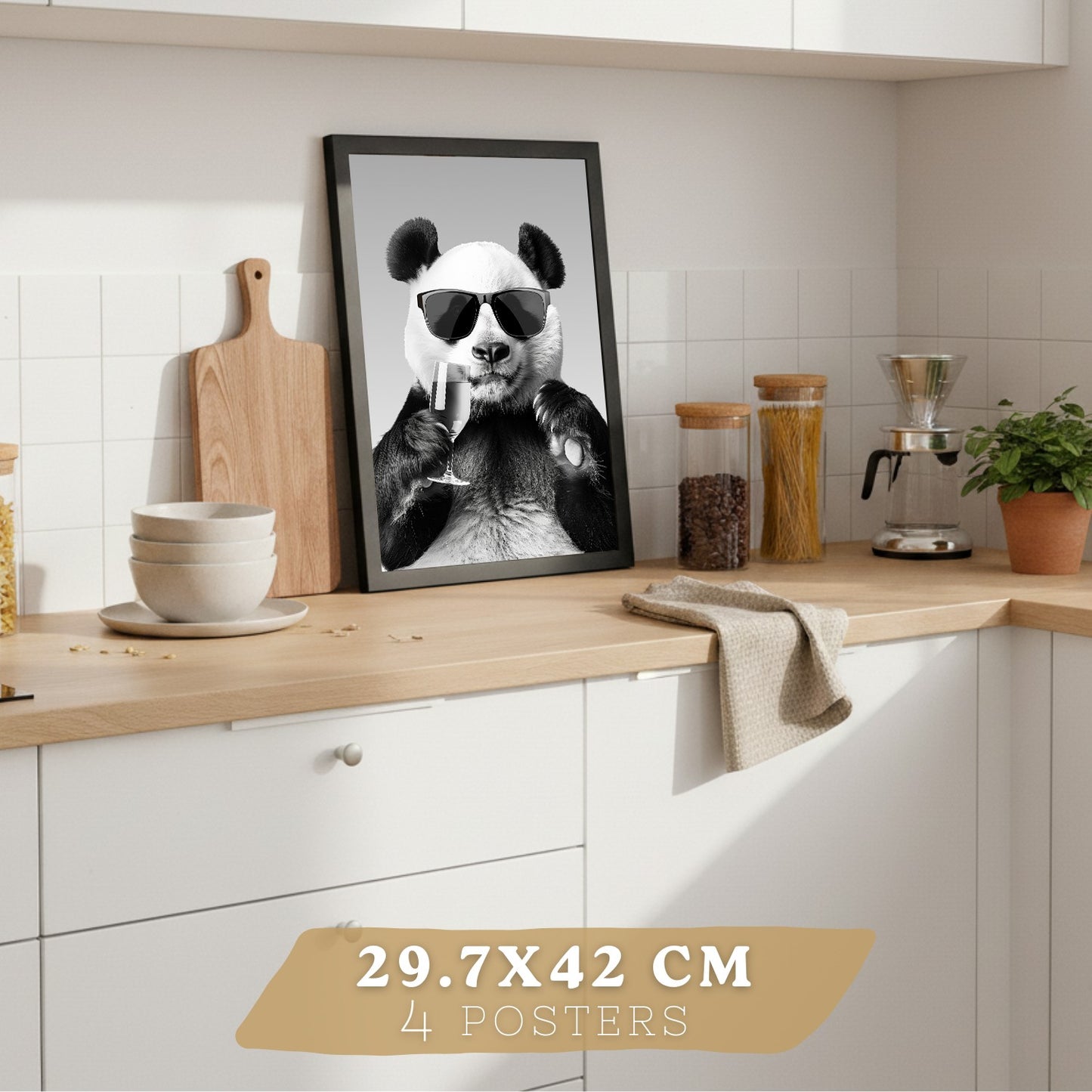 Set de 4 Láminas Animales Graciosos Blanco y Negro Cuadros Cocina Conejo Panda y Perro Golden Póster Decoración Pared