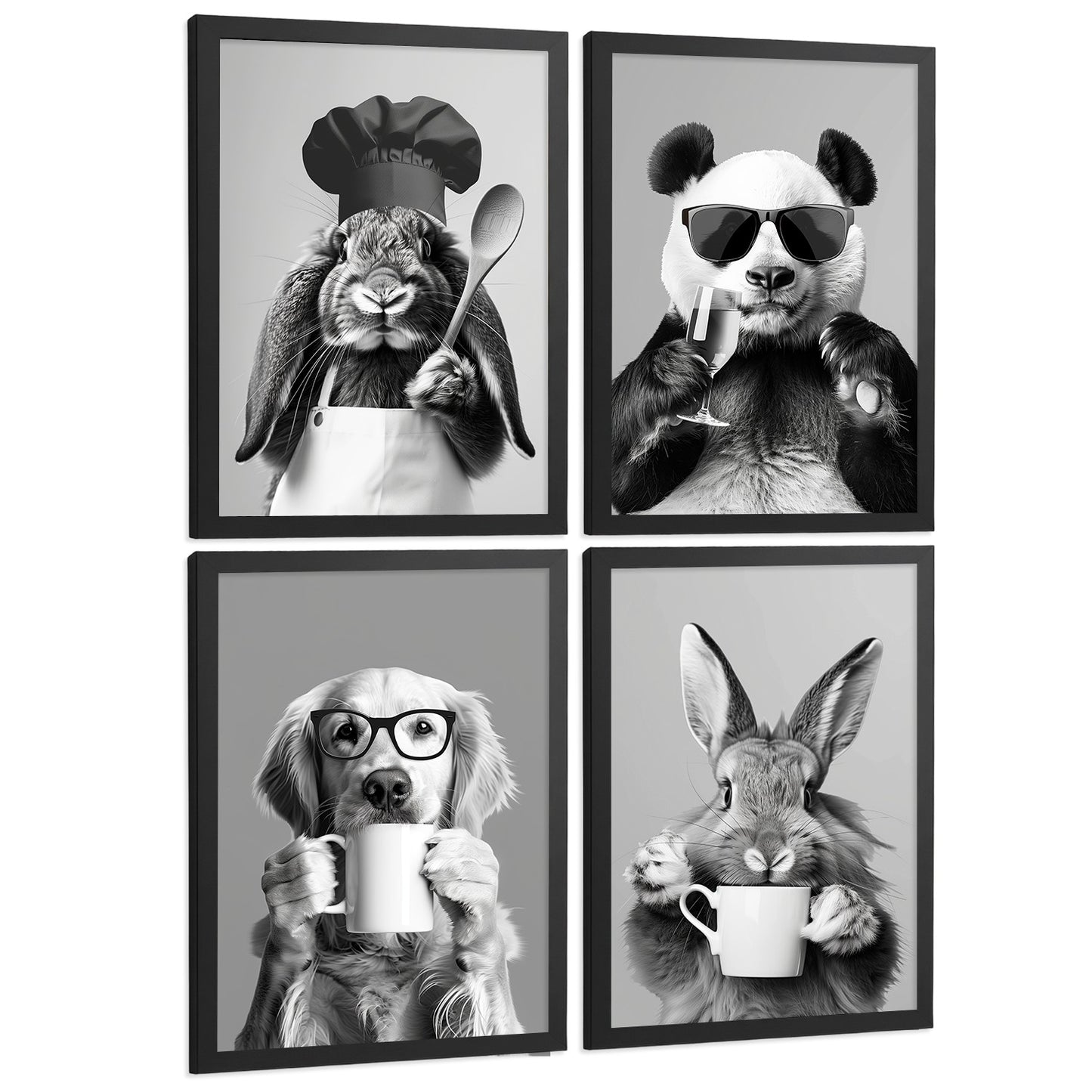 Set de 4 Láminas Animales Graciosos Blanco y Negro Cuadros Cocina Conejo Panda y Perro Golden Póster Decoración Pared