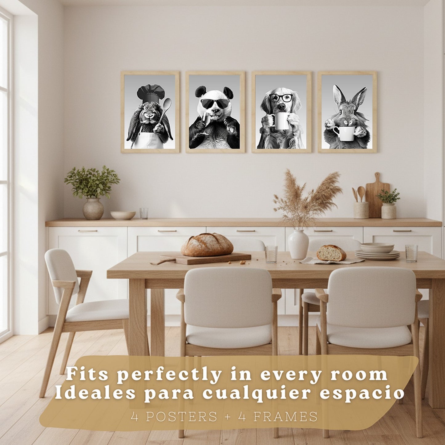 Set de 4 Láminas Animales Graciosos Blanco y Negro Cuadros Cocina Conejo Panda y Perro Golden Póster Decoración Pared