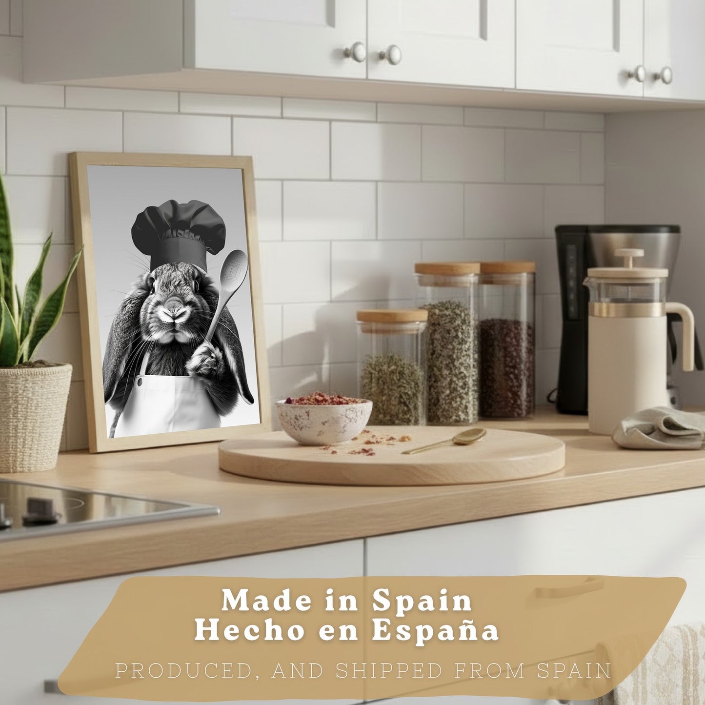 Set de 4 Láminas Animales Graciosos Blanco y Negro Cuadros Cocina Conejo Panda y Perro Golden Póster Decoración Pared