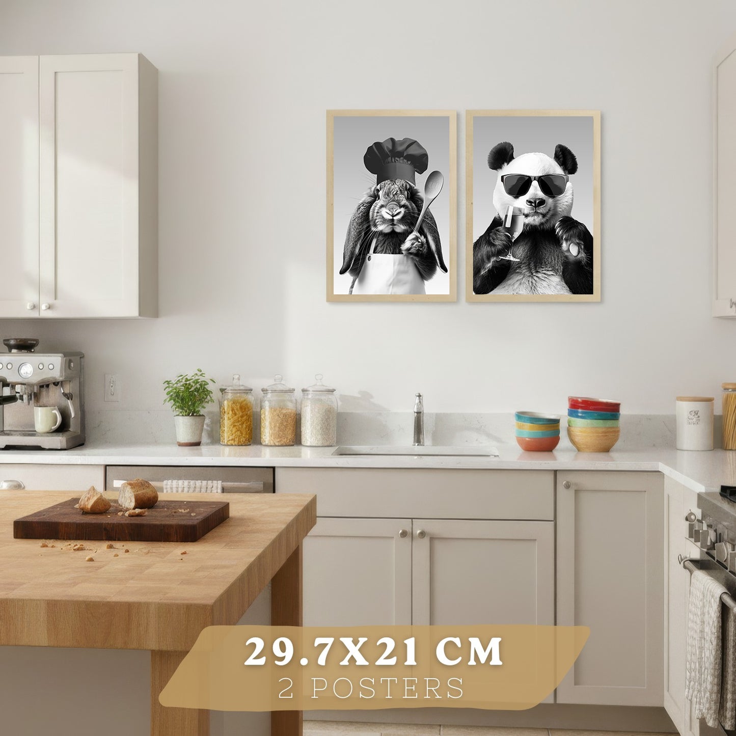 Set de 4 Láminas Animales Graciosos Blanco y Negro Cuadros Cocina Conejo Panda y Perro Golden Póster Decoración Pared