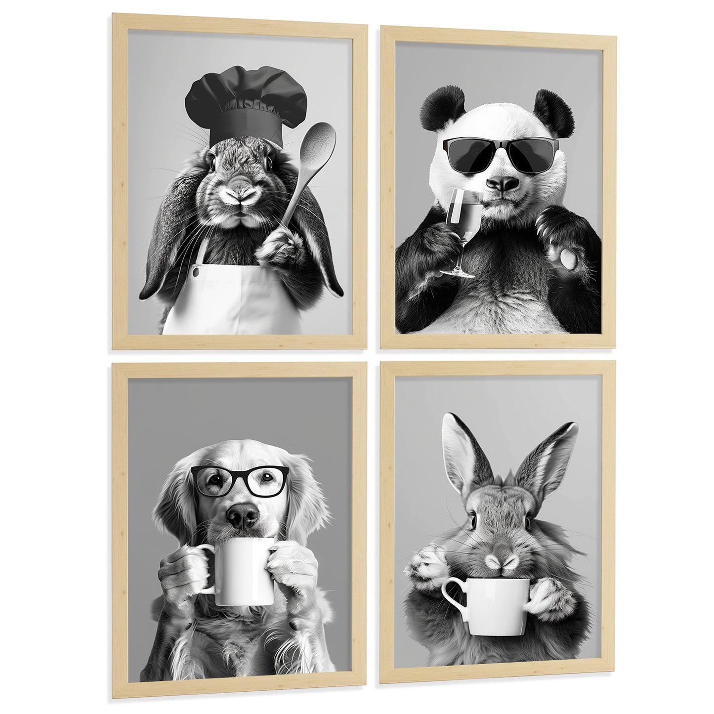Set de 4 Láminas Animales Graciosos Blanco y Negro Cuadros Cocina Conejo Panda y Perro Golden Póster Decoración Pared