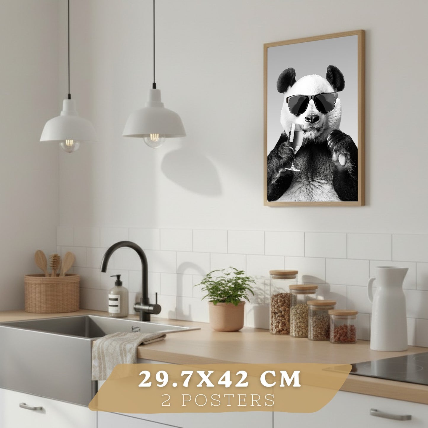 Set de 4 Láminas Animales Graciosos Blanco y Negro Cuadros Cocina Conejo Panda y Perro Golden Póster Decoración Pared
