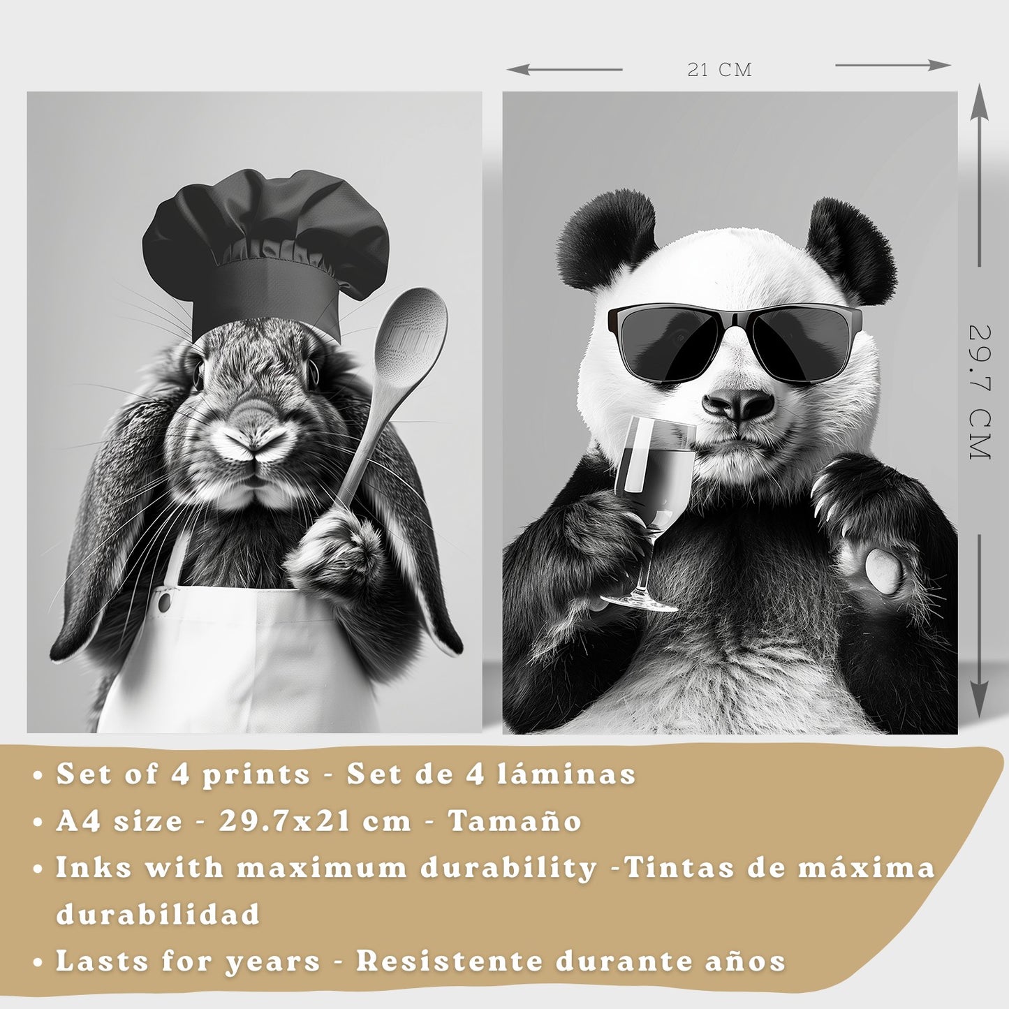 Set de 4 Láminas Animales Graciosos Blanco y Negro Cuadros Cocina Conejo Panda y Perro Golden Póster Decoración Pared