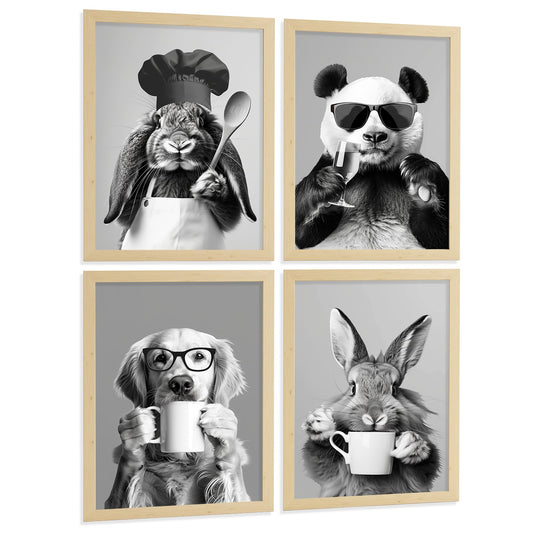 Set de 4 Láminas Animales Graciosos Blanco y Negro Cuadros Cocina Conejo Panda y Perro Golden Póster Decoración Pared