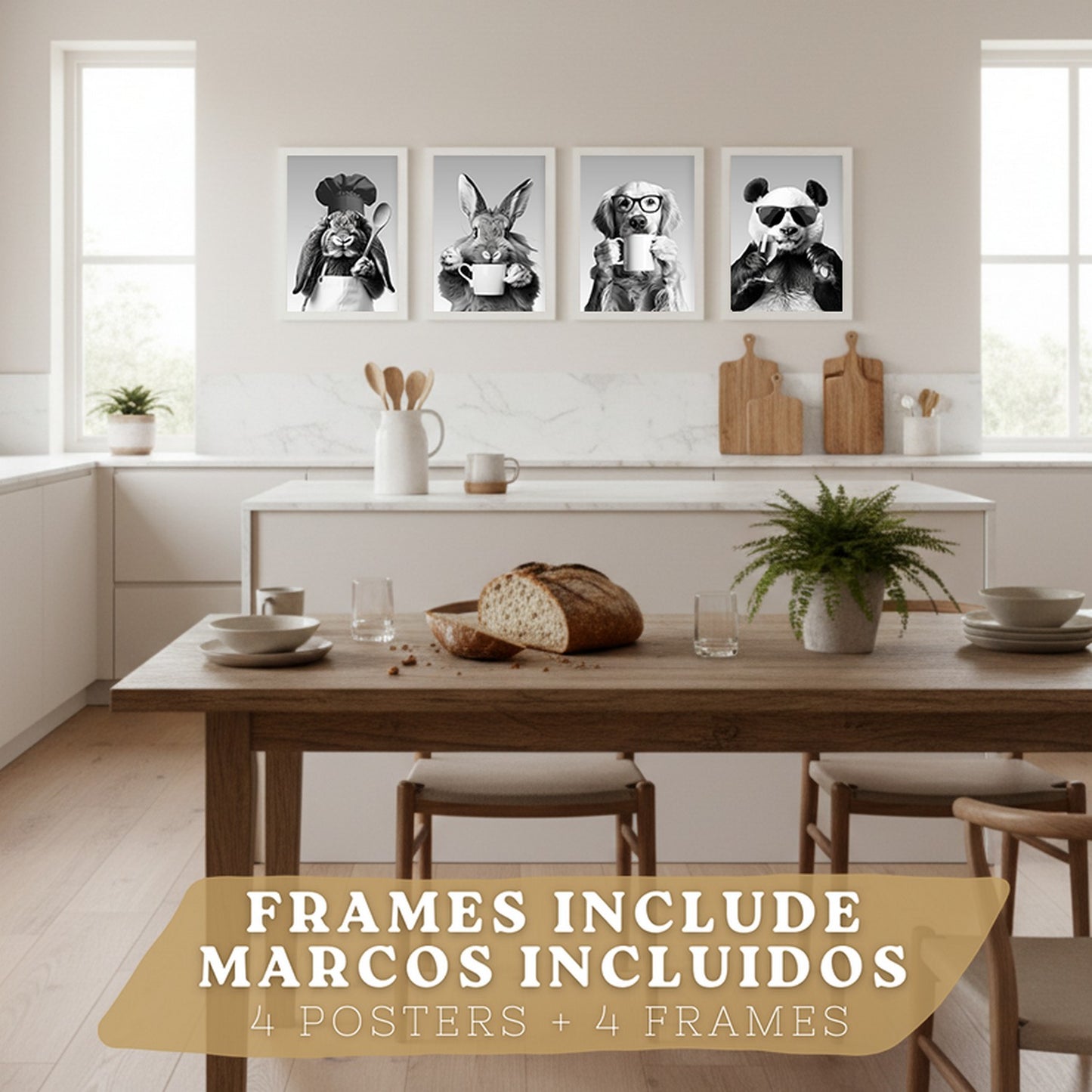 Set de 4 Láminas Animales Graciosos Blanco y Negro Cuadros Cocina Conejo Panda y Perro Golden Póster Decoración Pared