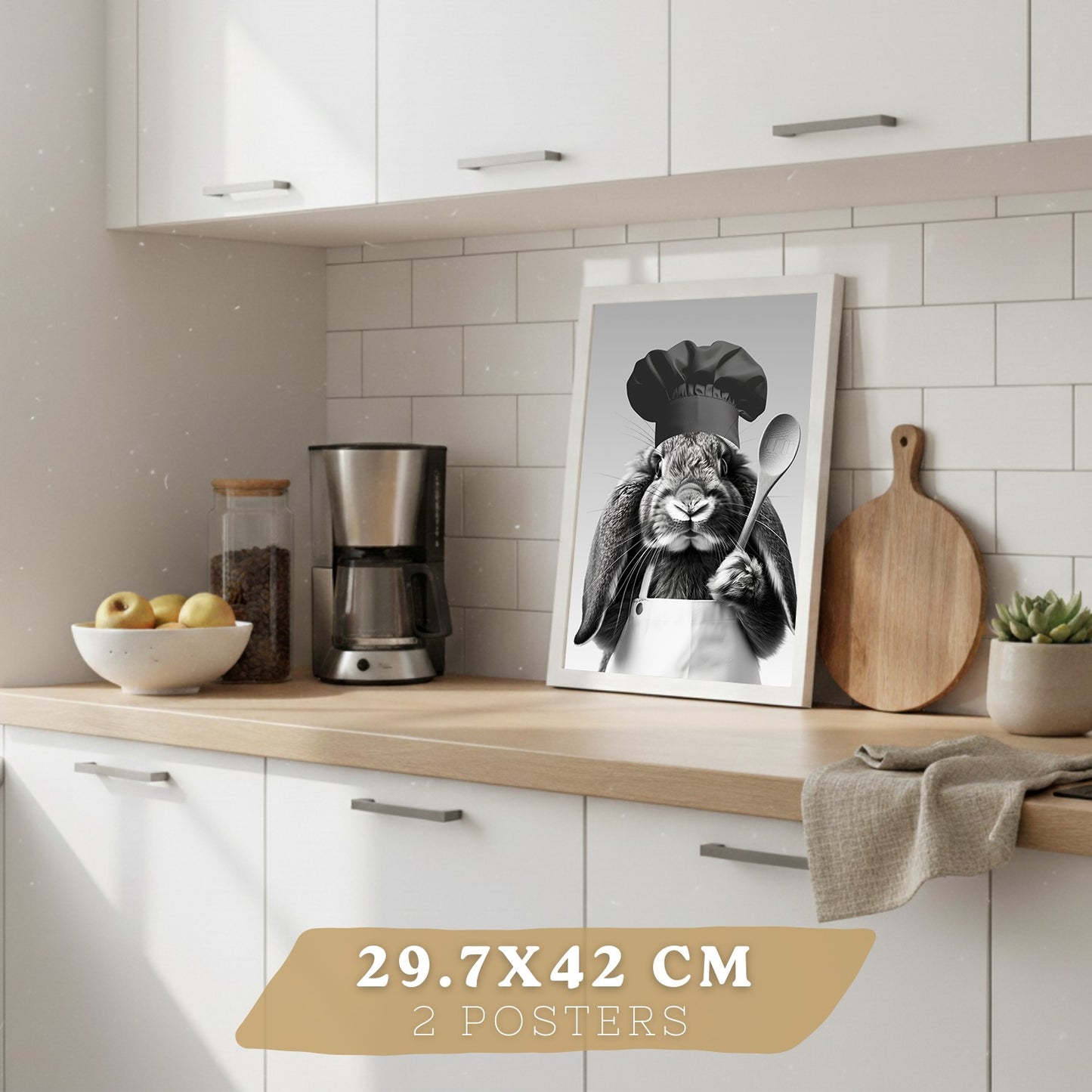 Set de 4 Láminas Animales Graciosos Blanco y Negro Cuadros Cocina Conejo Panda y Perro Golden Póster Decoración Pared
