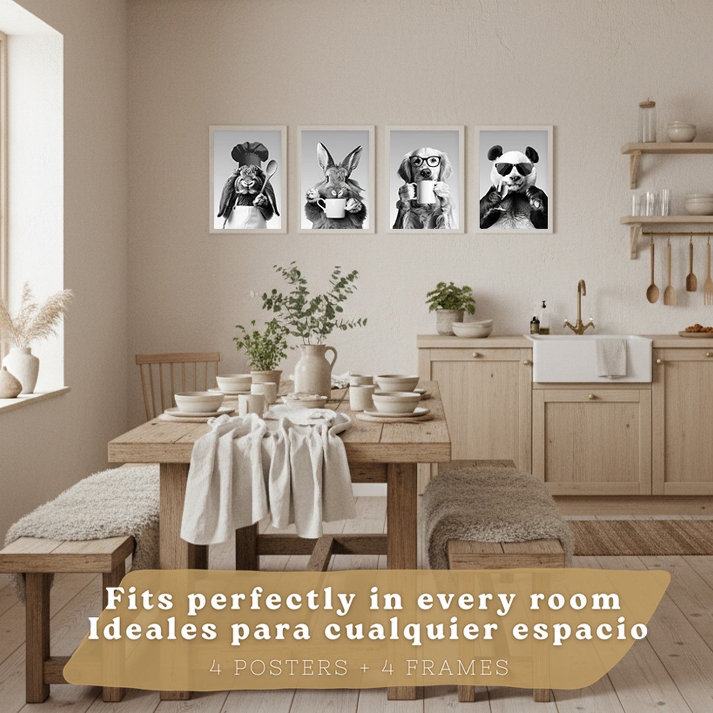 Set de 4 Láminas Animales Graciosos Blanco y Negro Cuadros Cocina Conejo Panda y Perro Golden Póster Decoración Pared