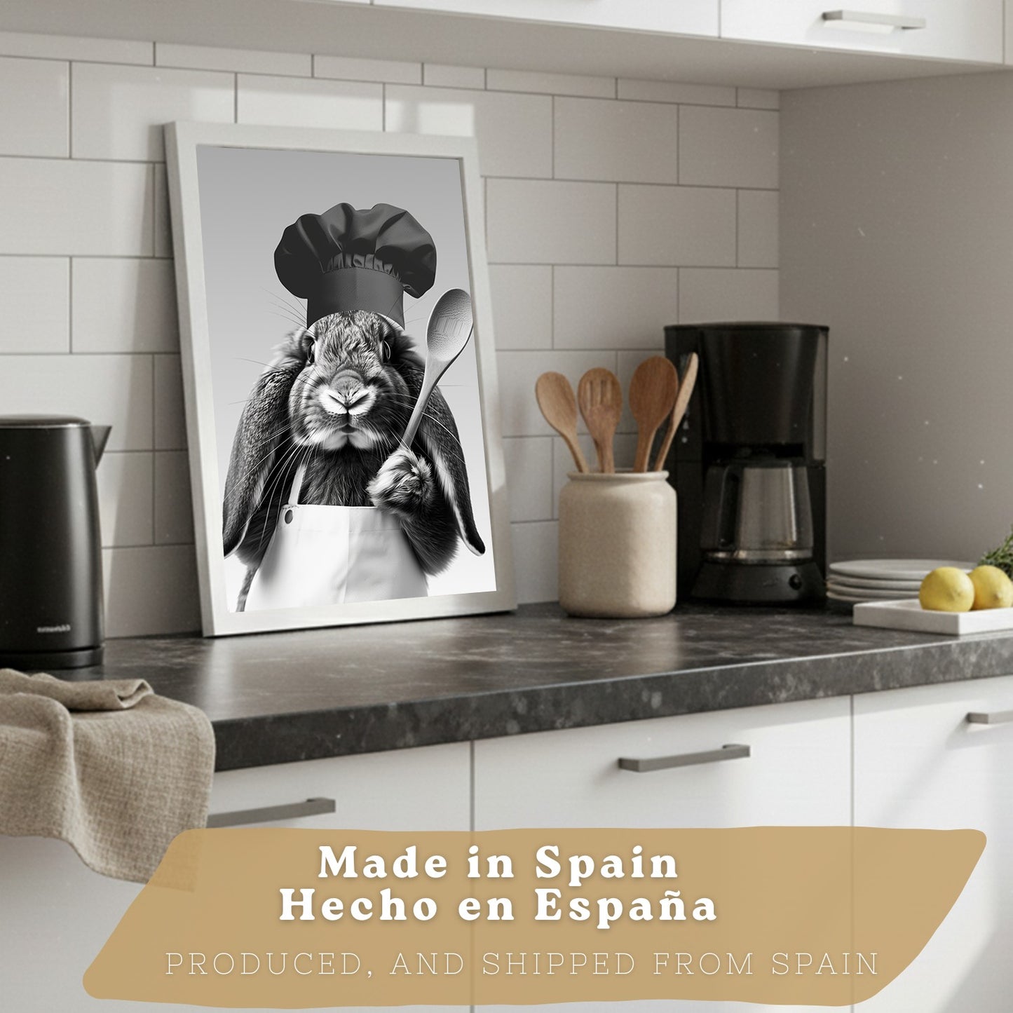 Set de 4 Láminas Animales Graciosos Blanco y Negro Cuadros Cocina Conejo Panda y Perro Golden Póster Decoración Pared