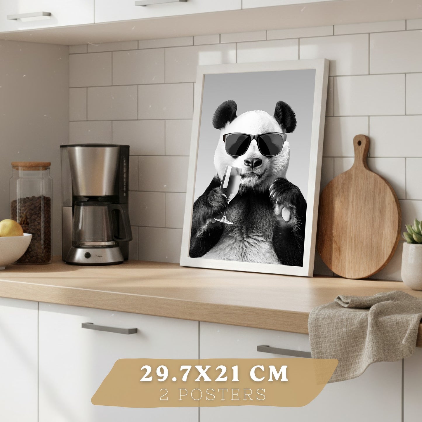 Set de 4 Láminas Animales Graciosos Blanco y Negro Cuadros Cocina Conejo Panda y Perro Golden Póster Decoración Pared