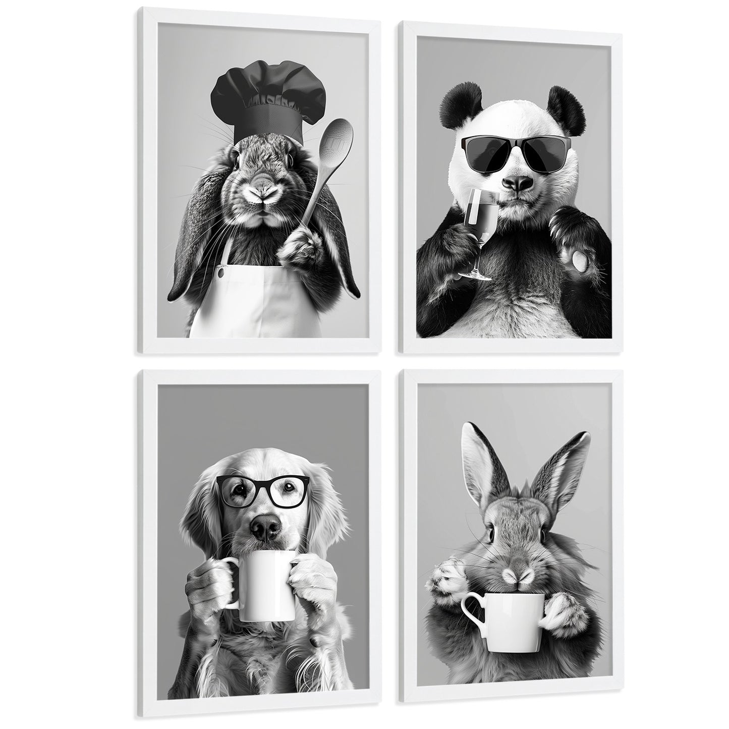 Set de 4 Láminas Animales Graciosos Blanco y Negro Cuadros Cocina Conejo Panda y Perro Golden Póster Decoración Pared
