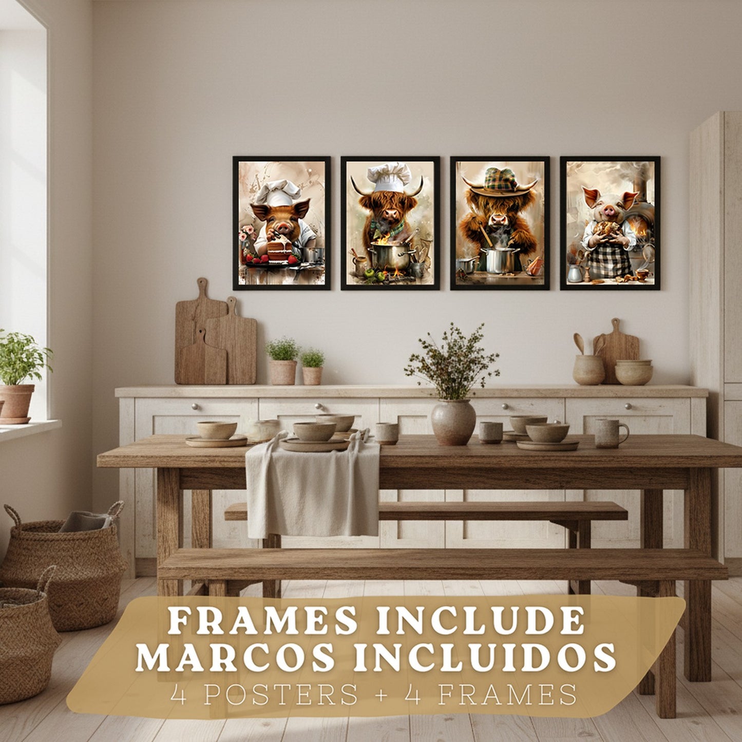 Set de 4 Láminas Animales Chef Cuadros Cocina Cerdo Panadero y Vaca Highland Cocinera Ilustración Póster Decoración Pared