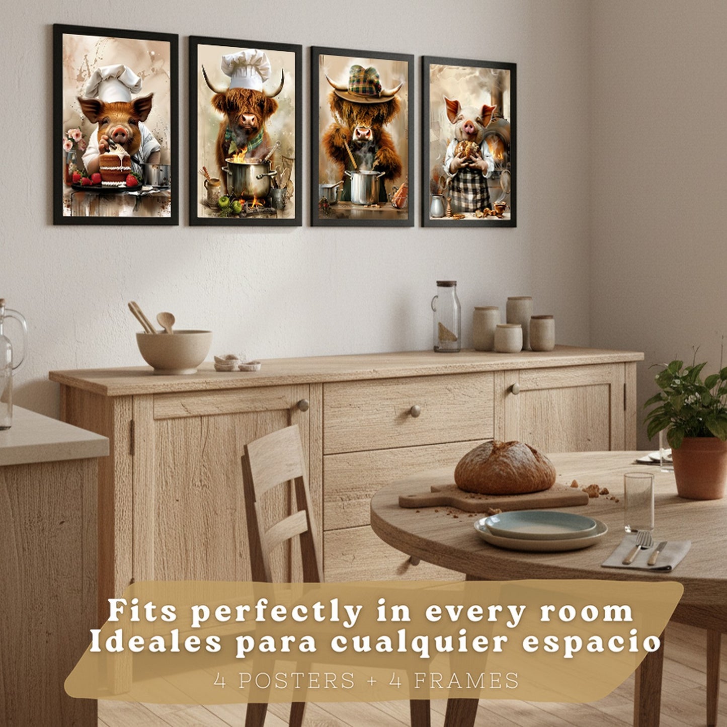 Set de 4 Láminas Animales Chef Cuadros Cocina Cerdo Panadero y Vaca Highland Cocinera Ilustración Póster Decoración Pared