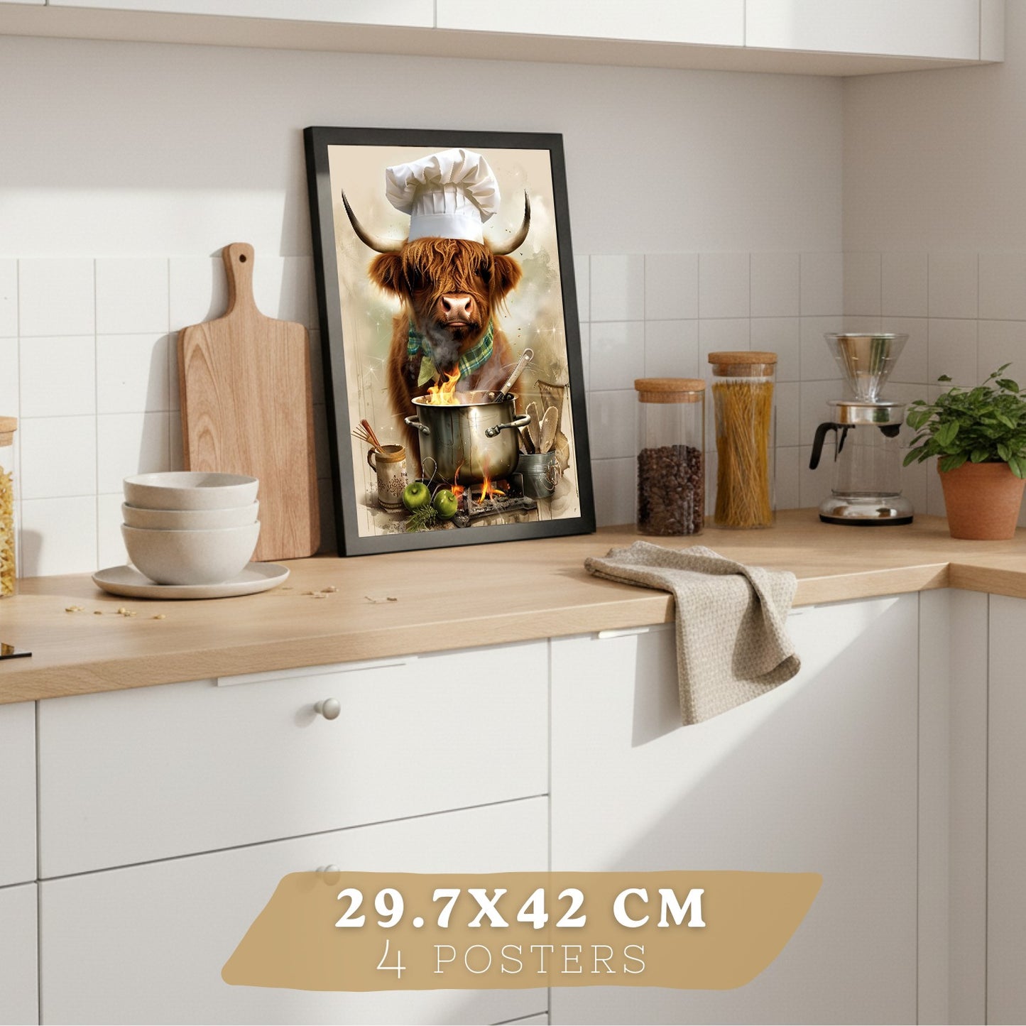 Set de 4 Láminas Animales Chef Cuadros Cocina Cerdo Panadero y Vaca Highland Cocinera Ilustración Póster Decoración Pared