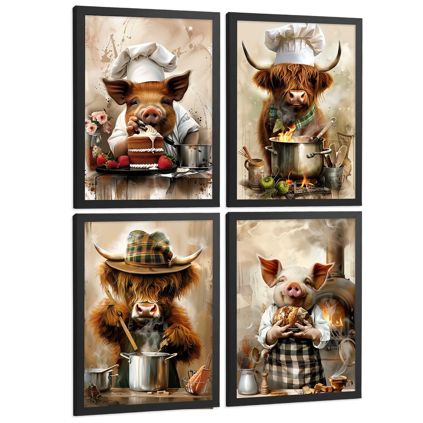 Set de 4 Láminas Animales Chef Cuadros Cocina Cerdo Panadero y Vaca Highland Cocinera Ilustración Póster Decoración Pared